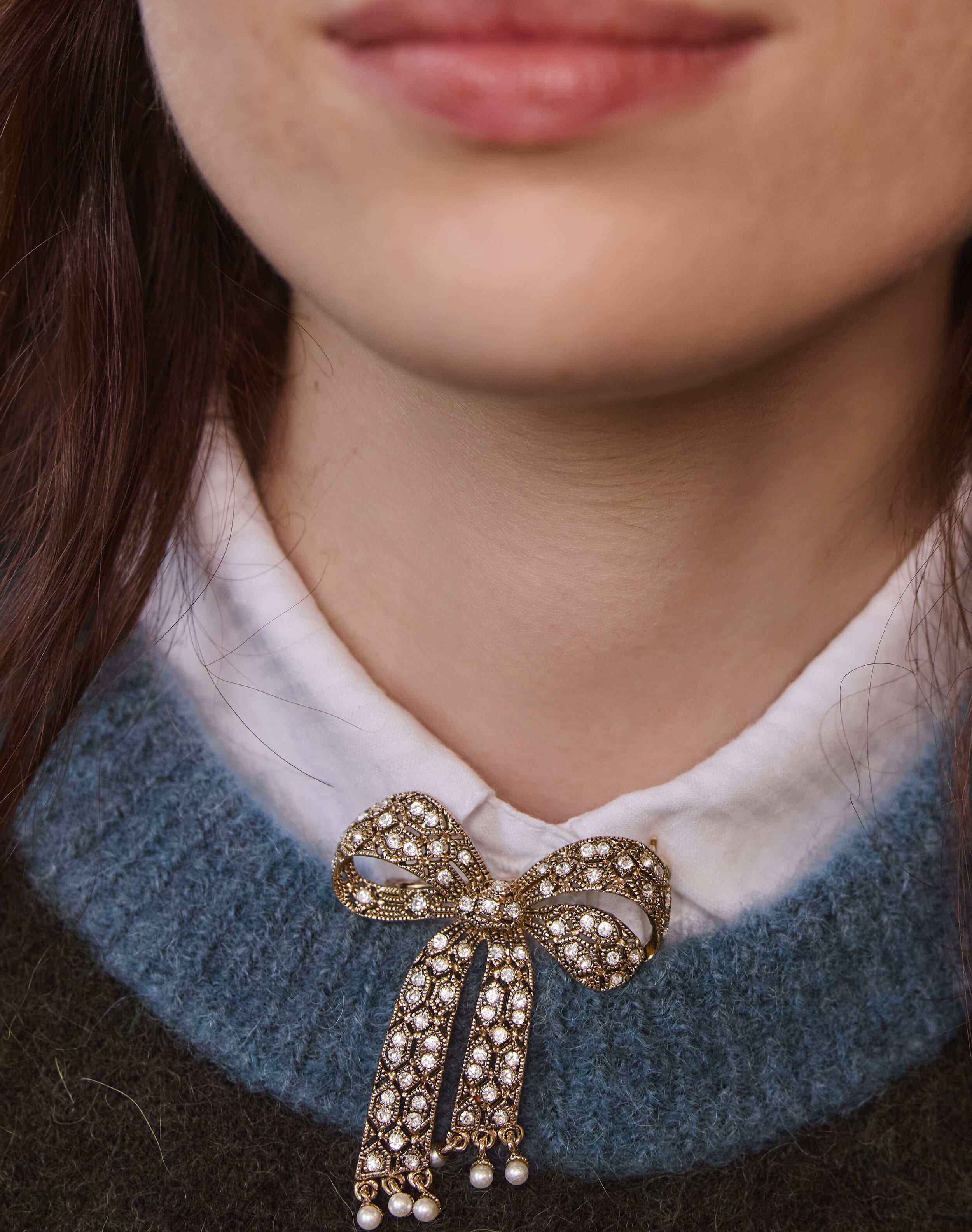 Crystal & Pearl Bow Brooch