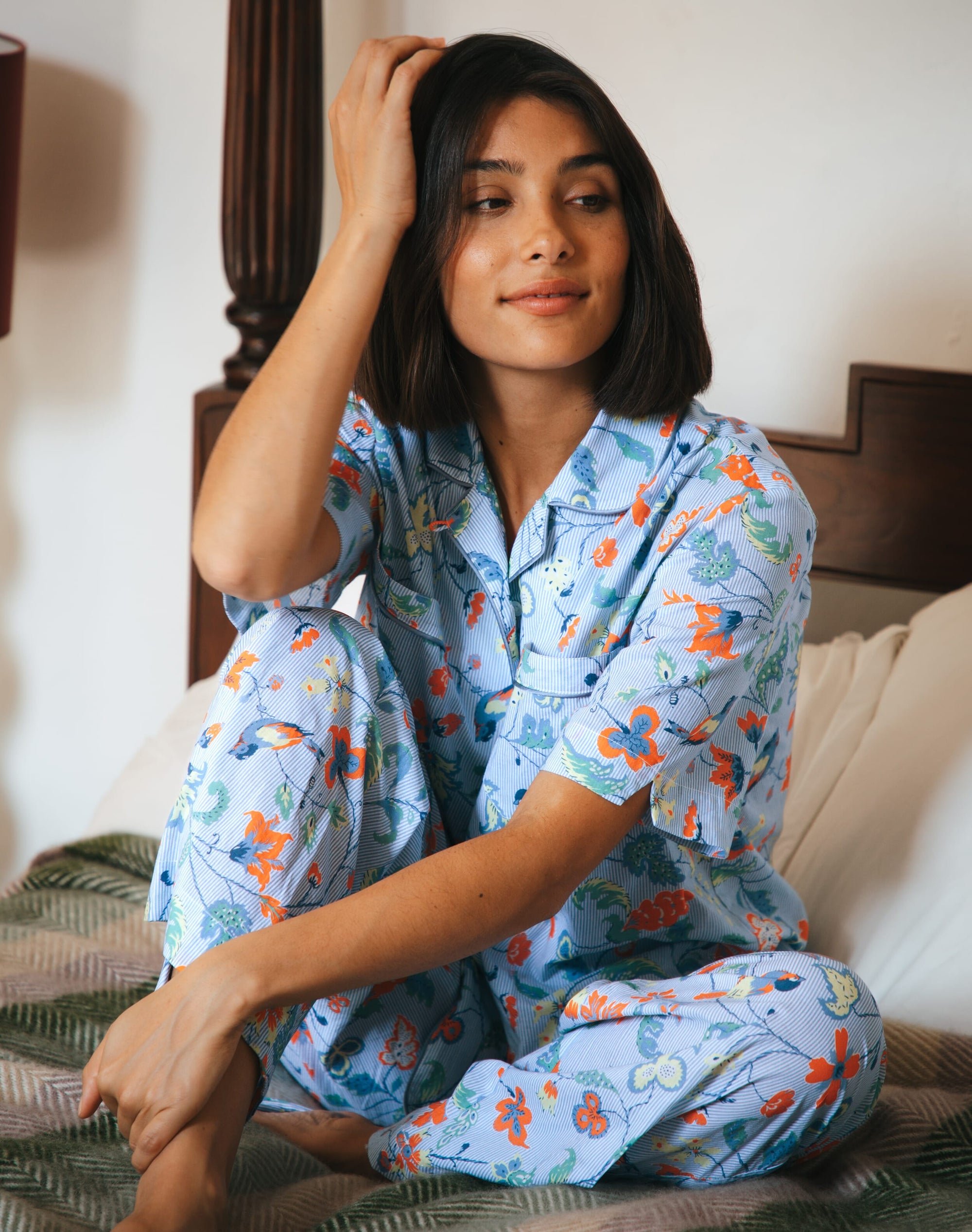 Cotton Stripe Botanical Print Pyjamas