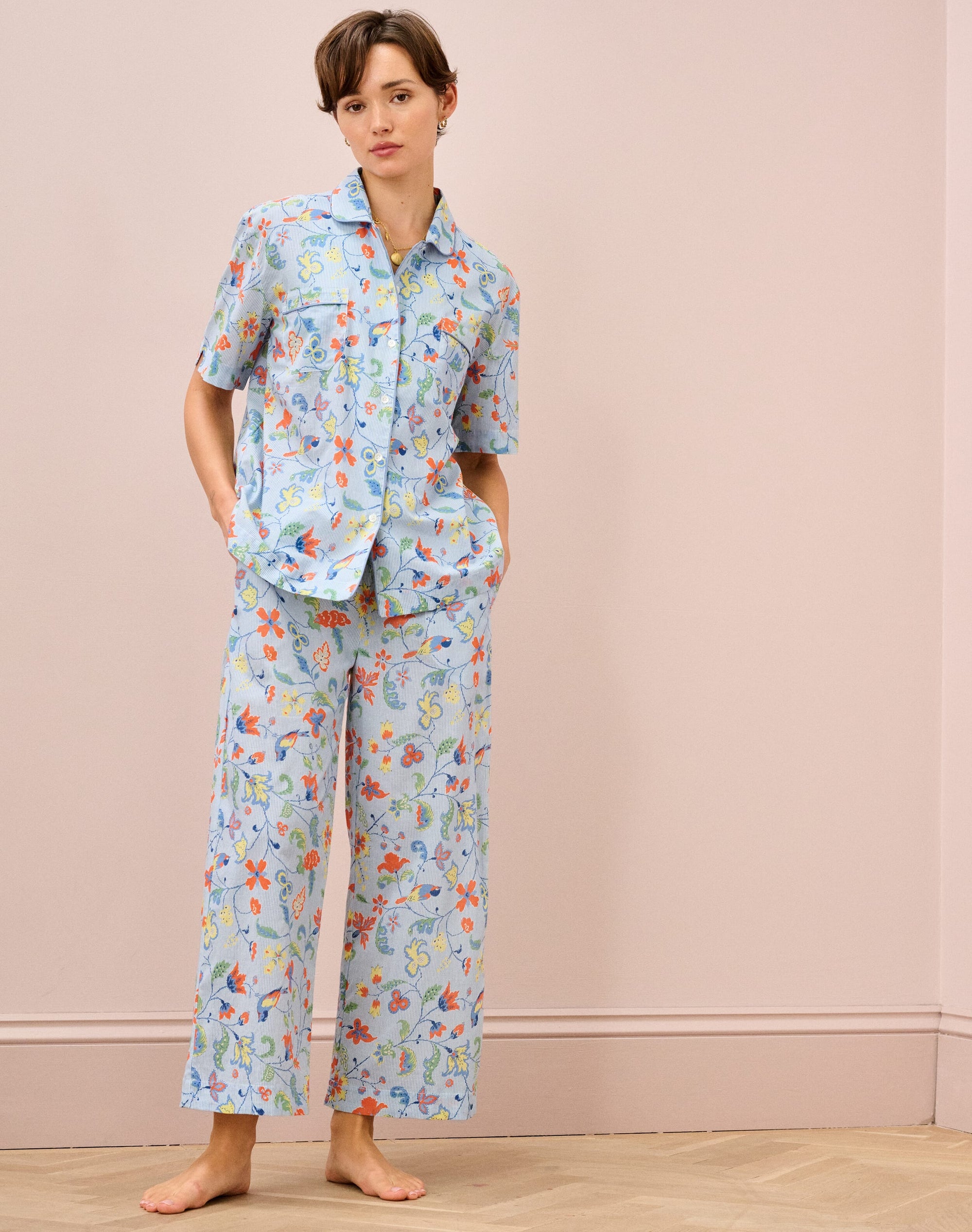 Cotton Stripe Botanical Print Pyjamas