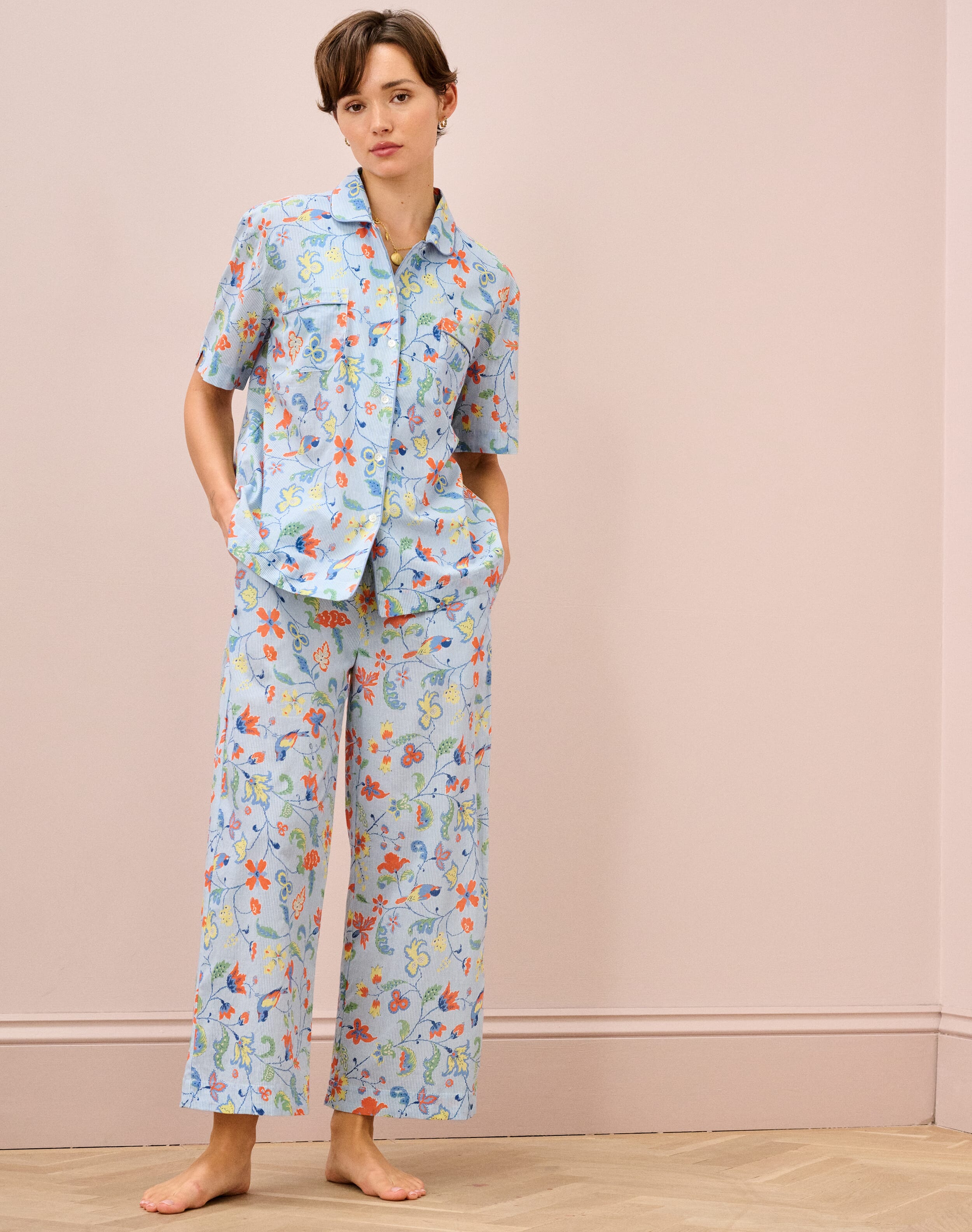 Cotton Stripe Botanical Print Pyjamas