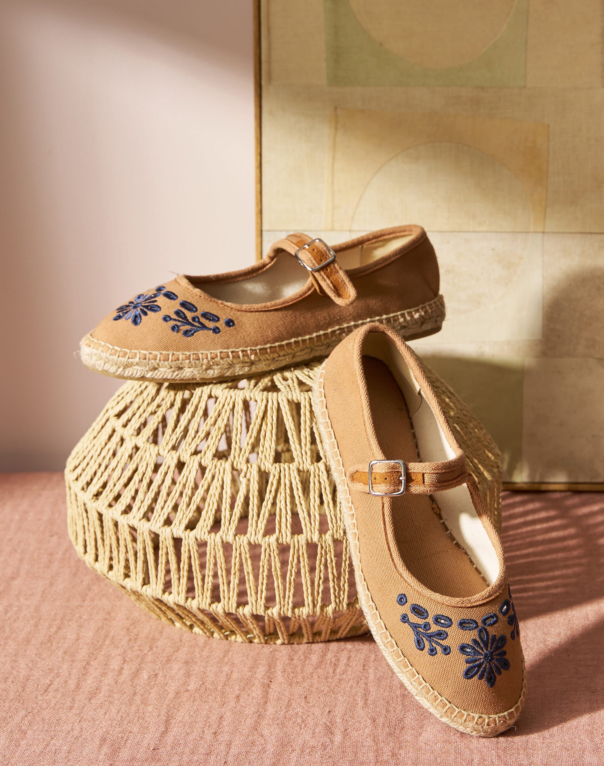 Cotton Canvas Embroidered Mary Janes