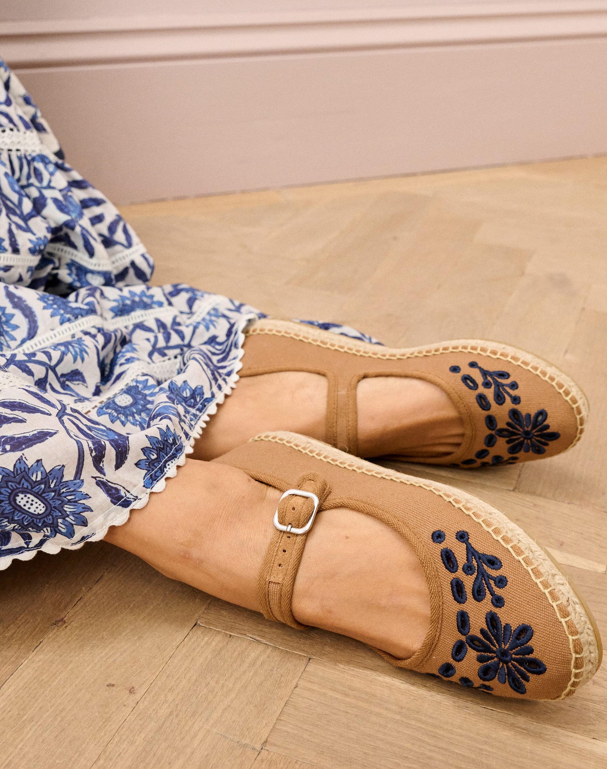 Cotton Canvas Embroidered Mary Janes
