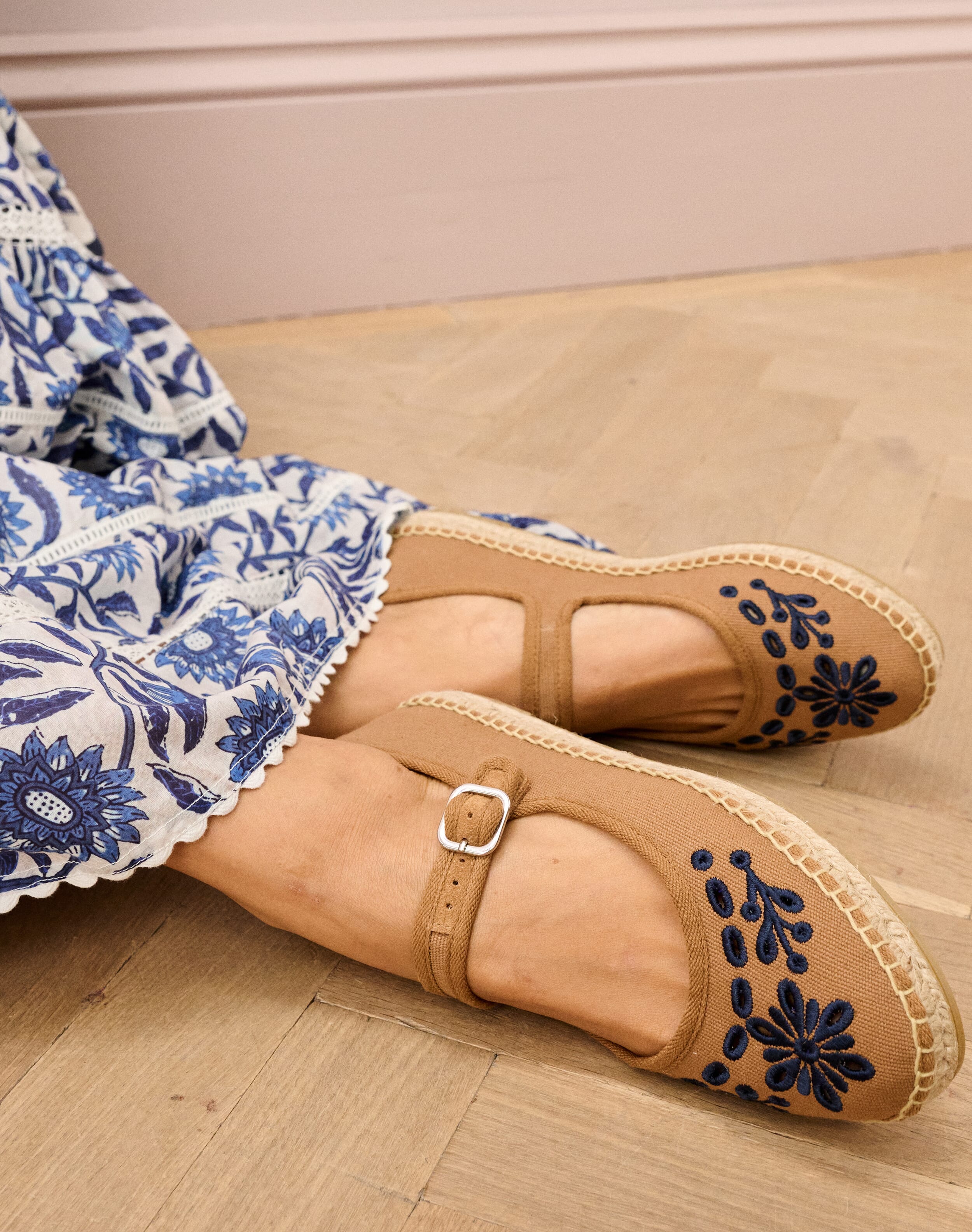 Cotton Canvas Embroidered Mary Janes
