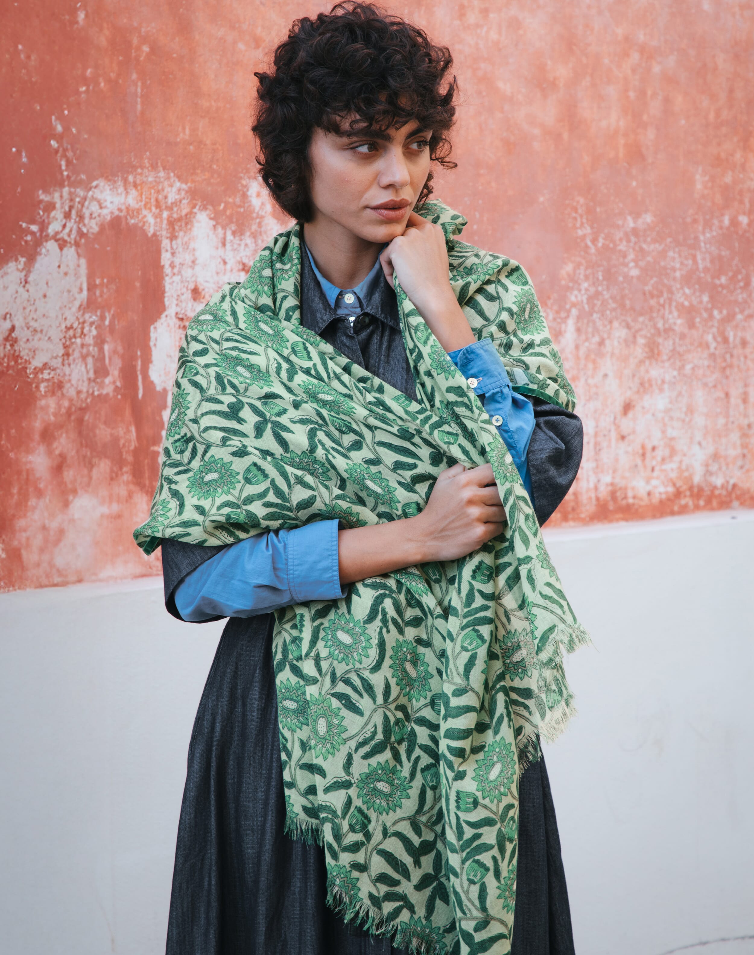 Velvet Trim Botanic Wool Stole