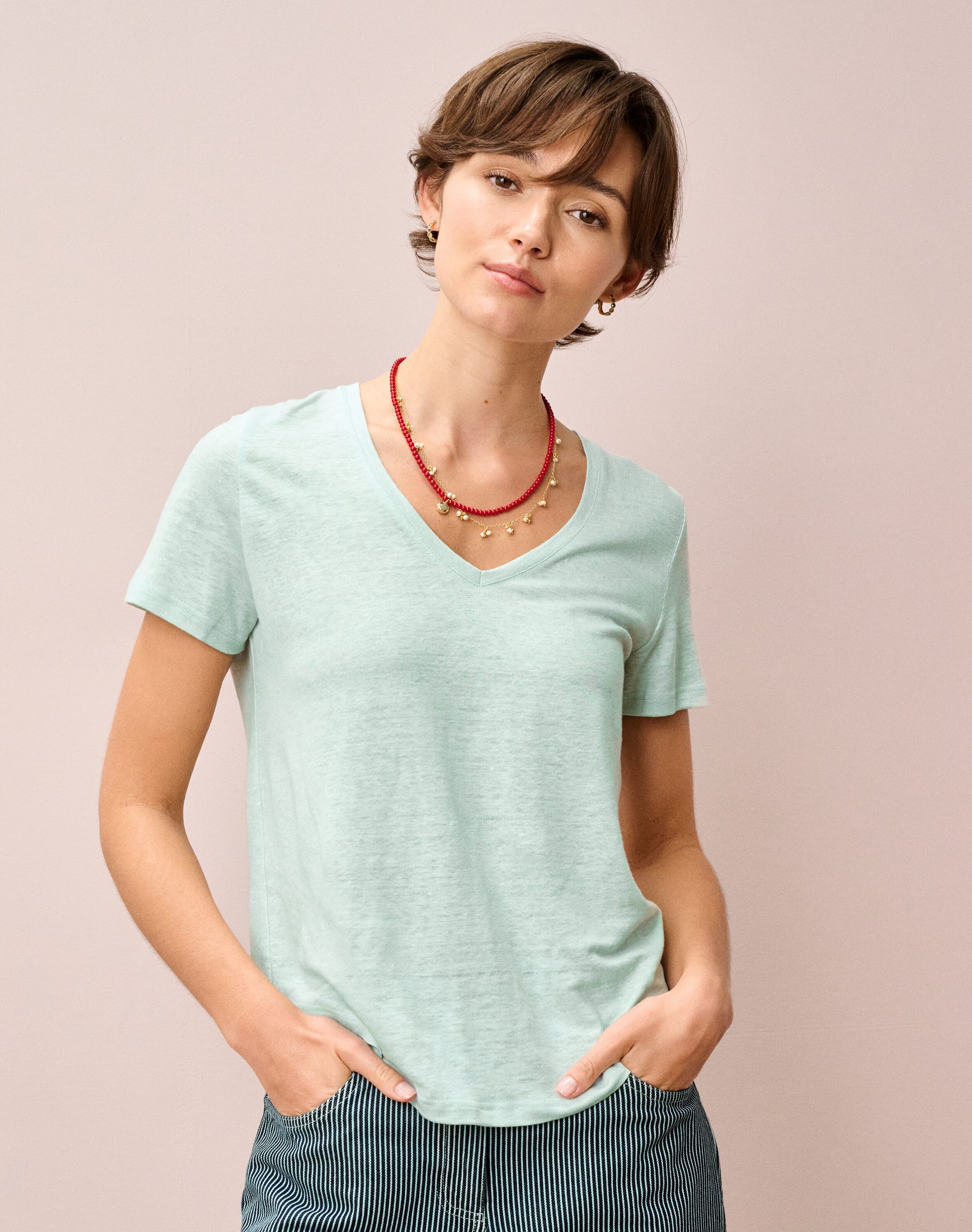 Linen Knit V Neck T-Shirt