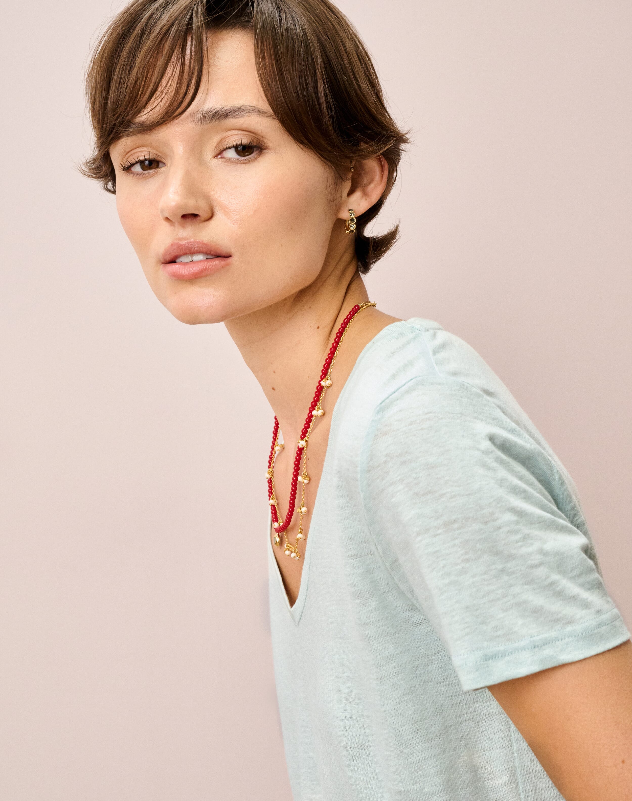 Linen Knit V Neck T-Shirt