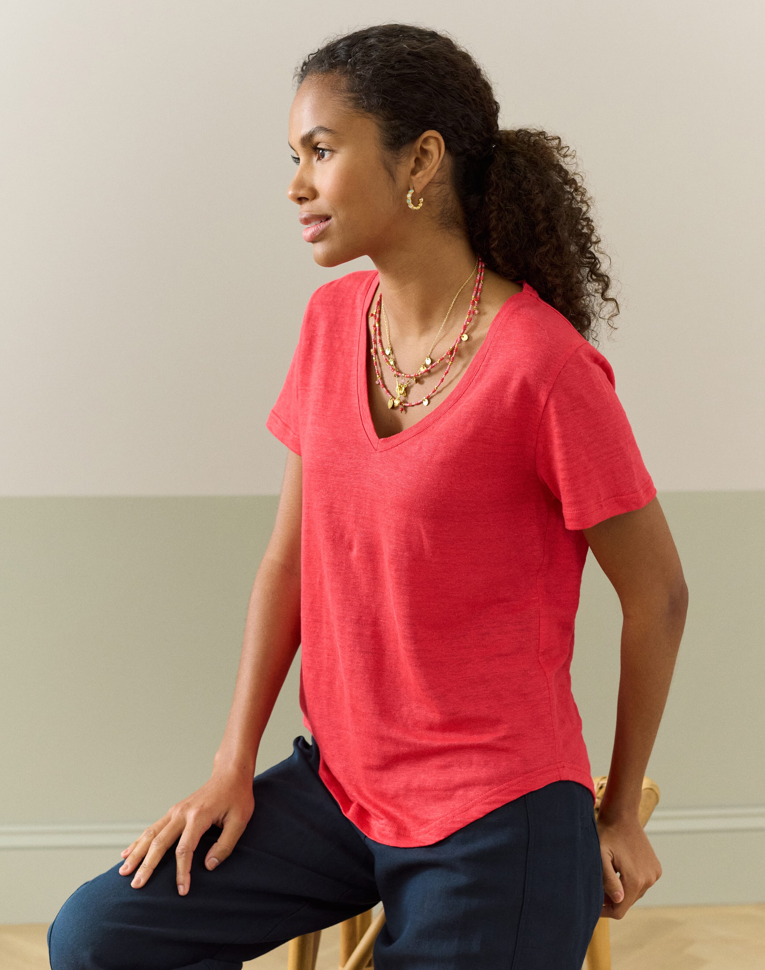 Linen Knit V Neck T-Shirt