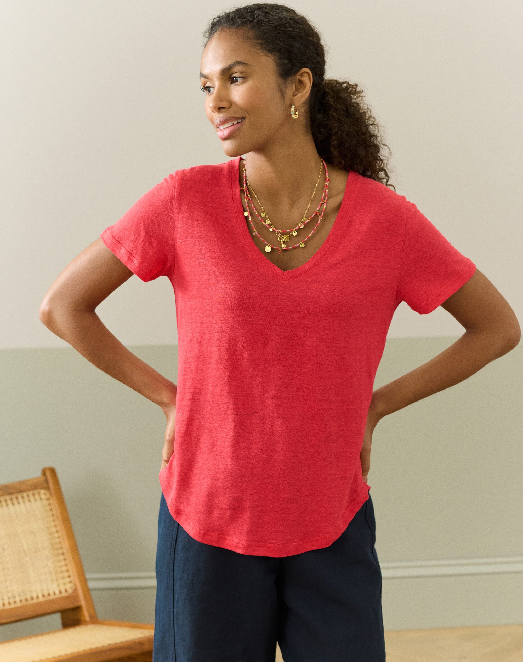Linen Knit V Neck T-Shirt