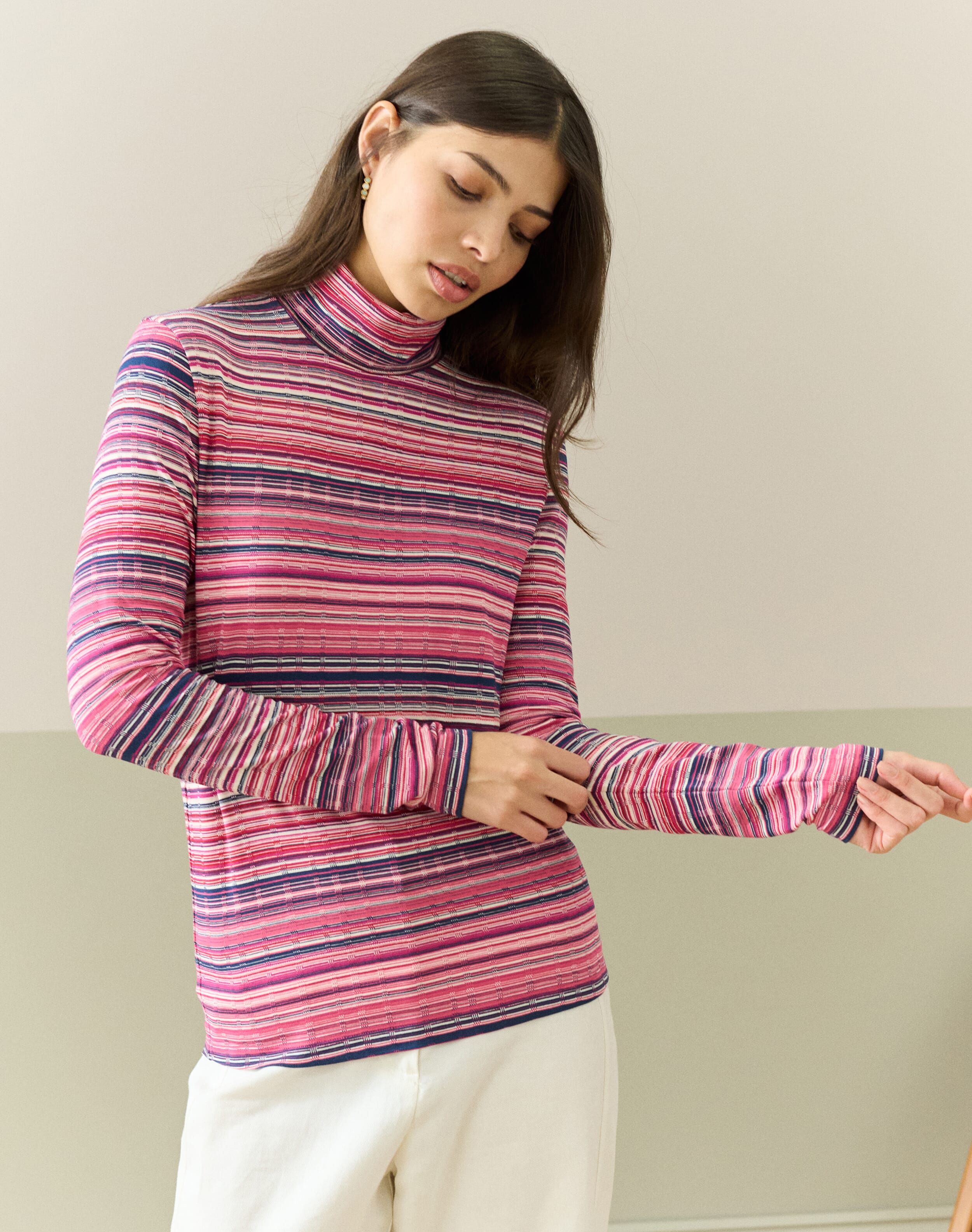 Fine Stripe Jersey Polo Neck