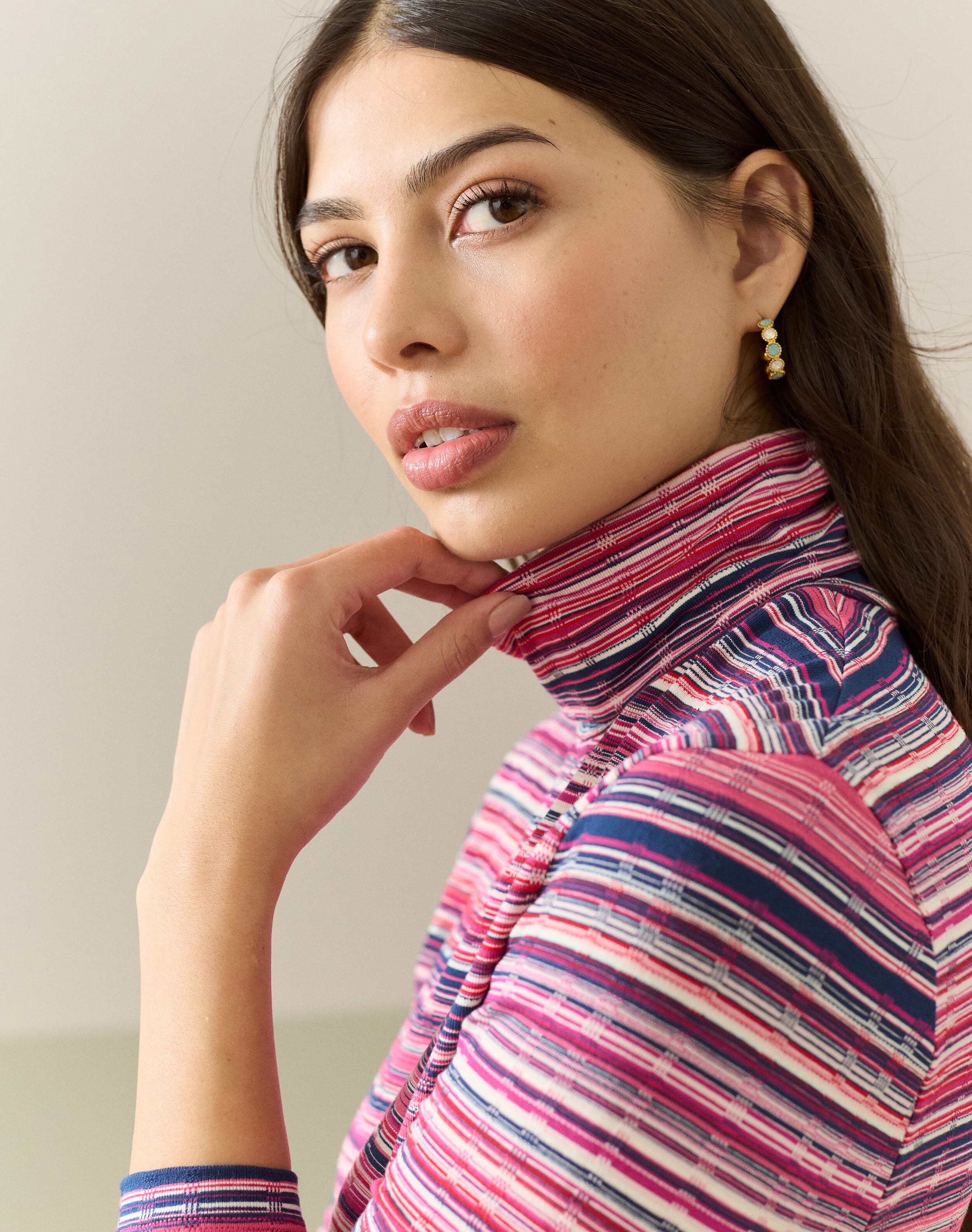 Fine Stripe Jersey Polo Neck