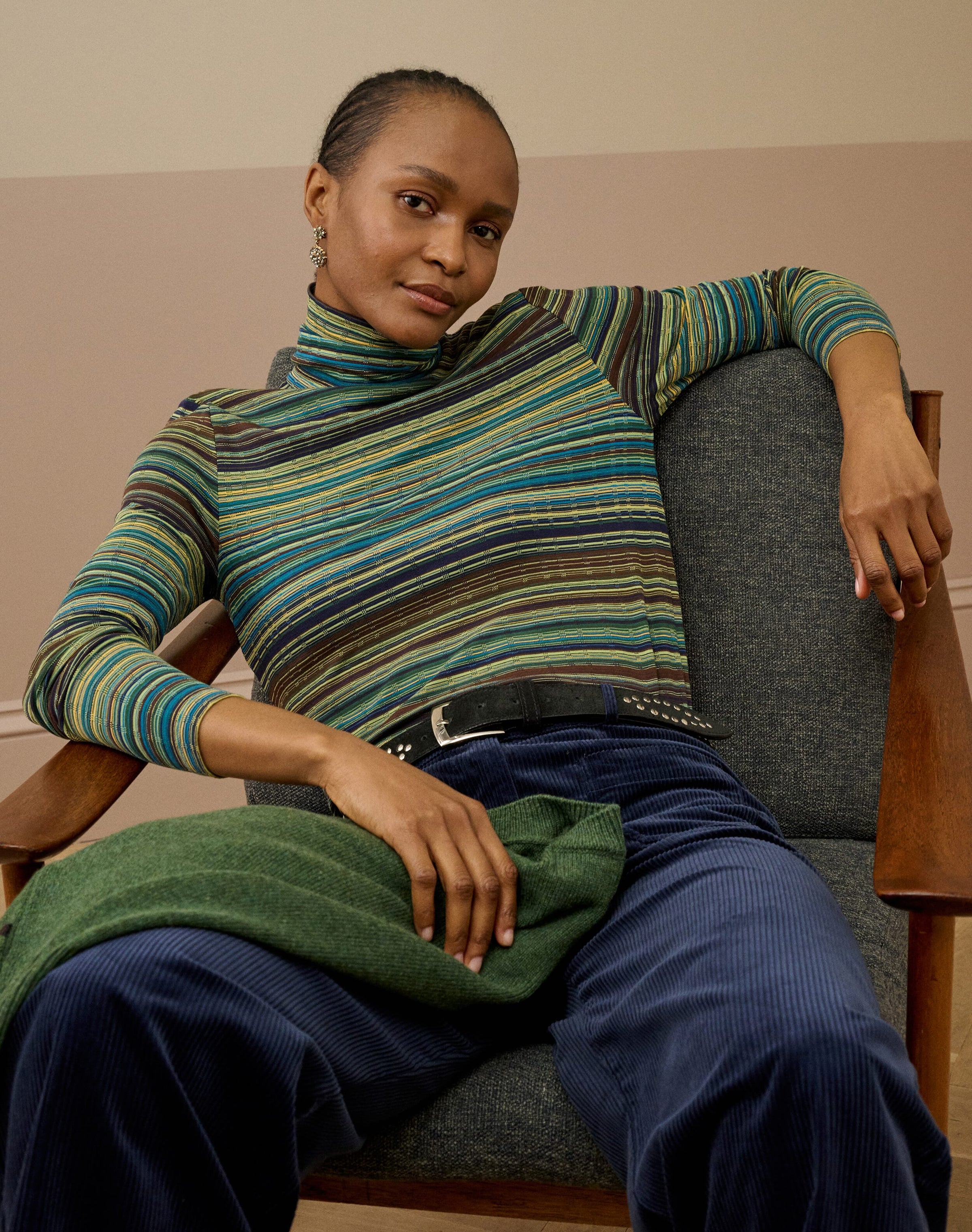 Fine Stripe Jersey Polo Neck