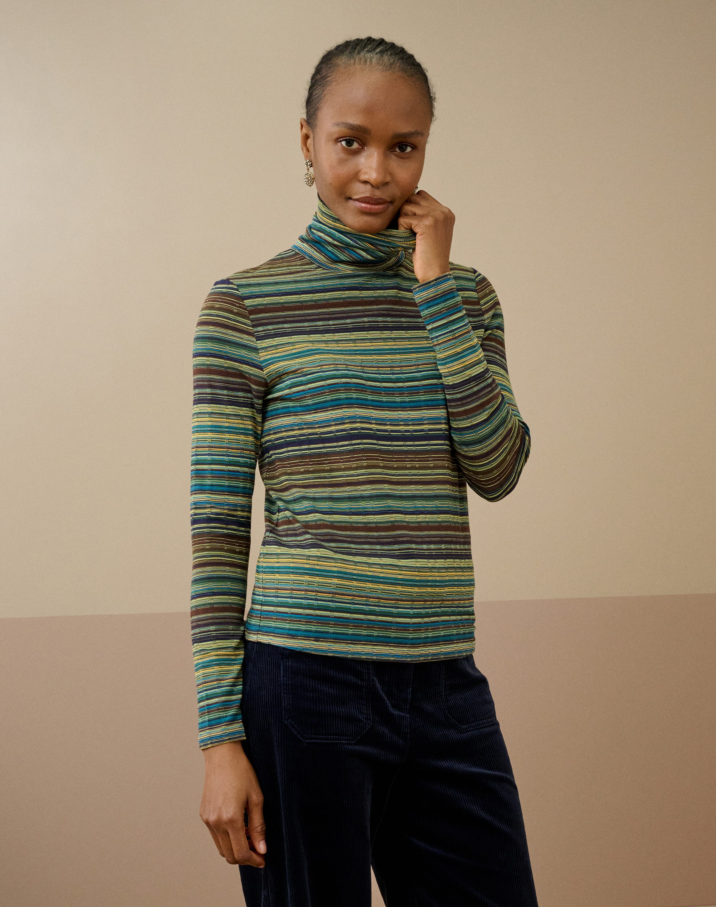 Fine Stripe Jersey Polo Neck