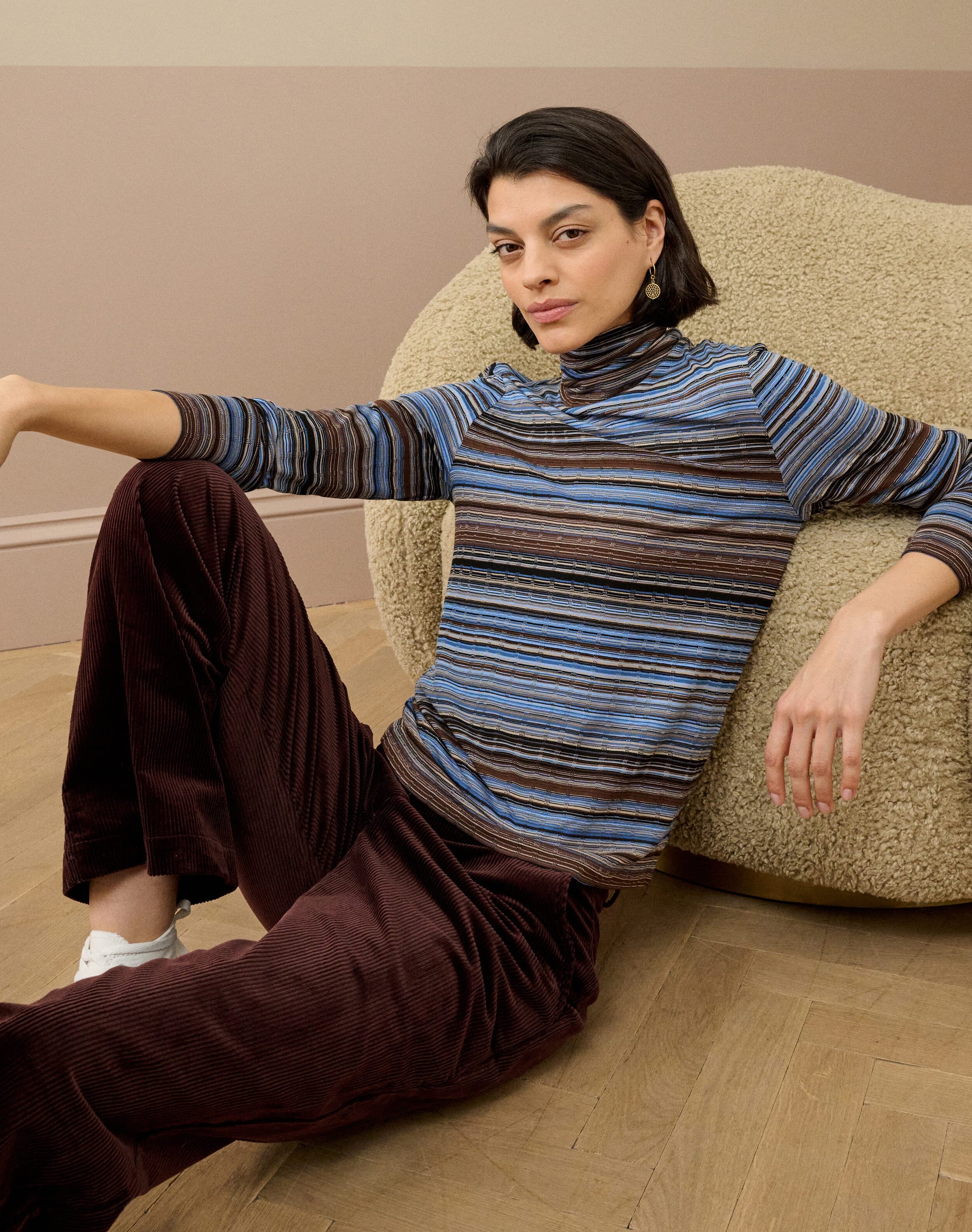 Fine Stripe Jersey Polo Neck
