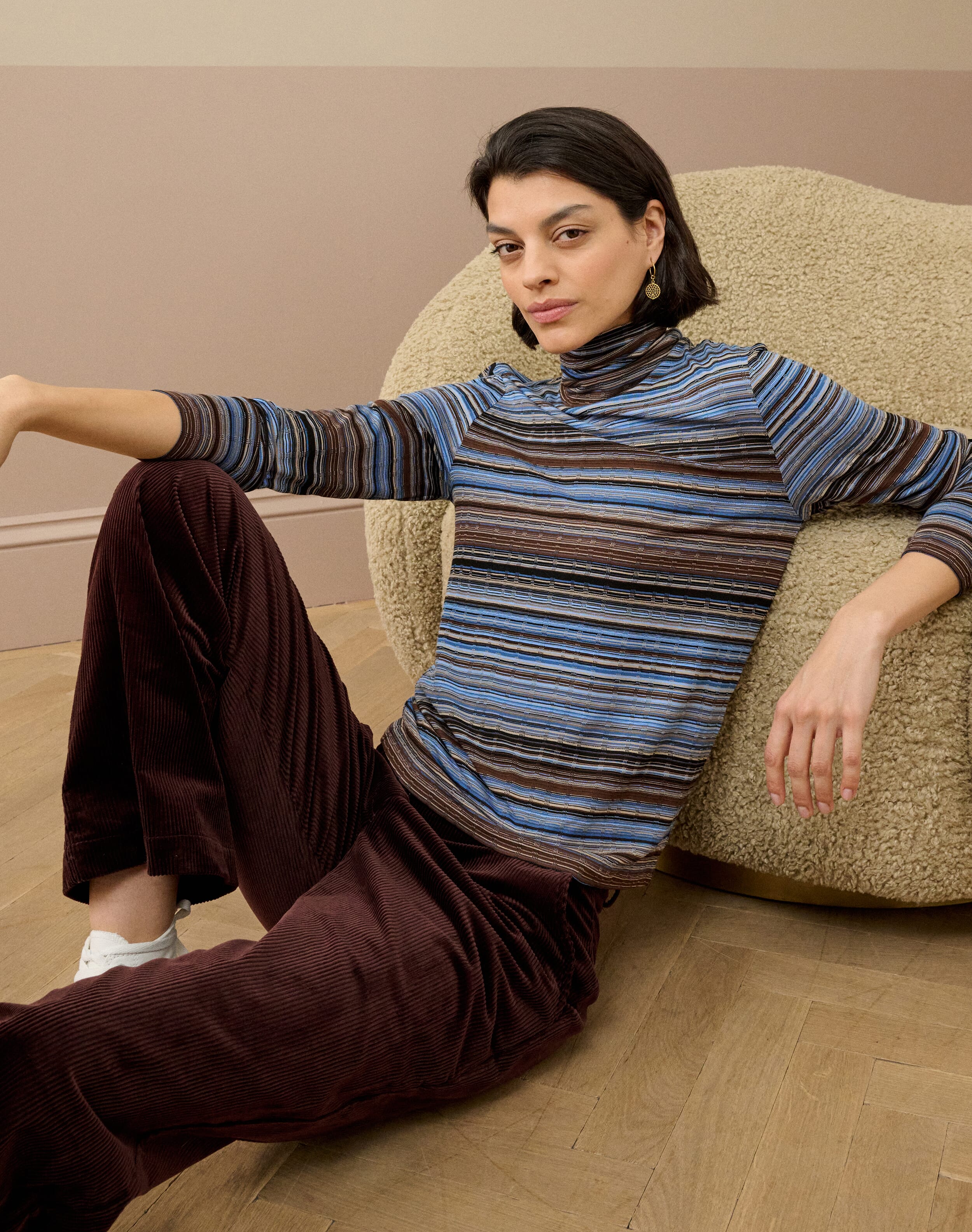 Fine Stripe Jersey Polo Neck