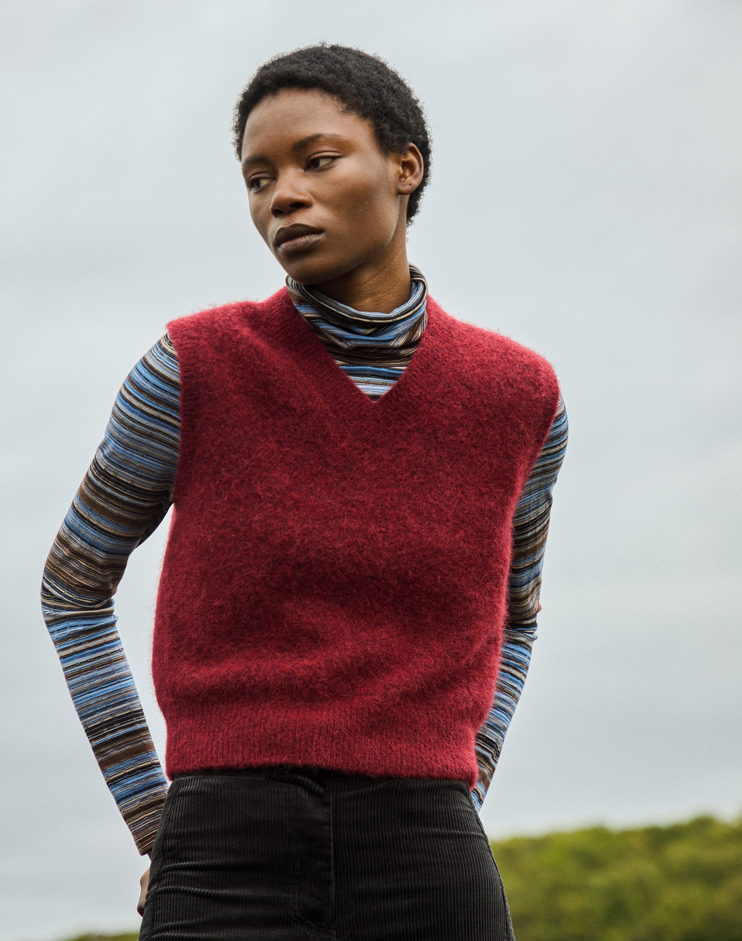 Fine Stripe Jersey Polo Neck