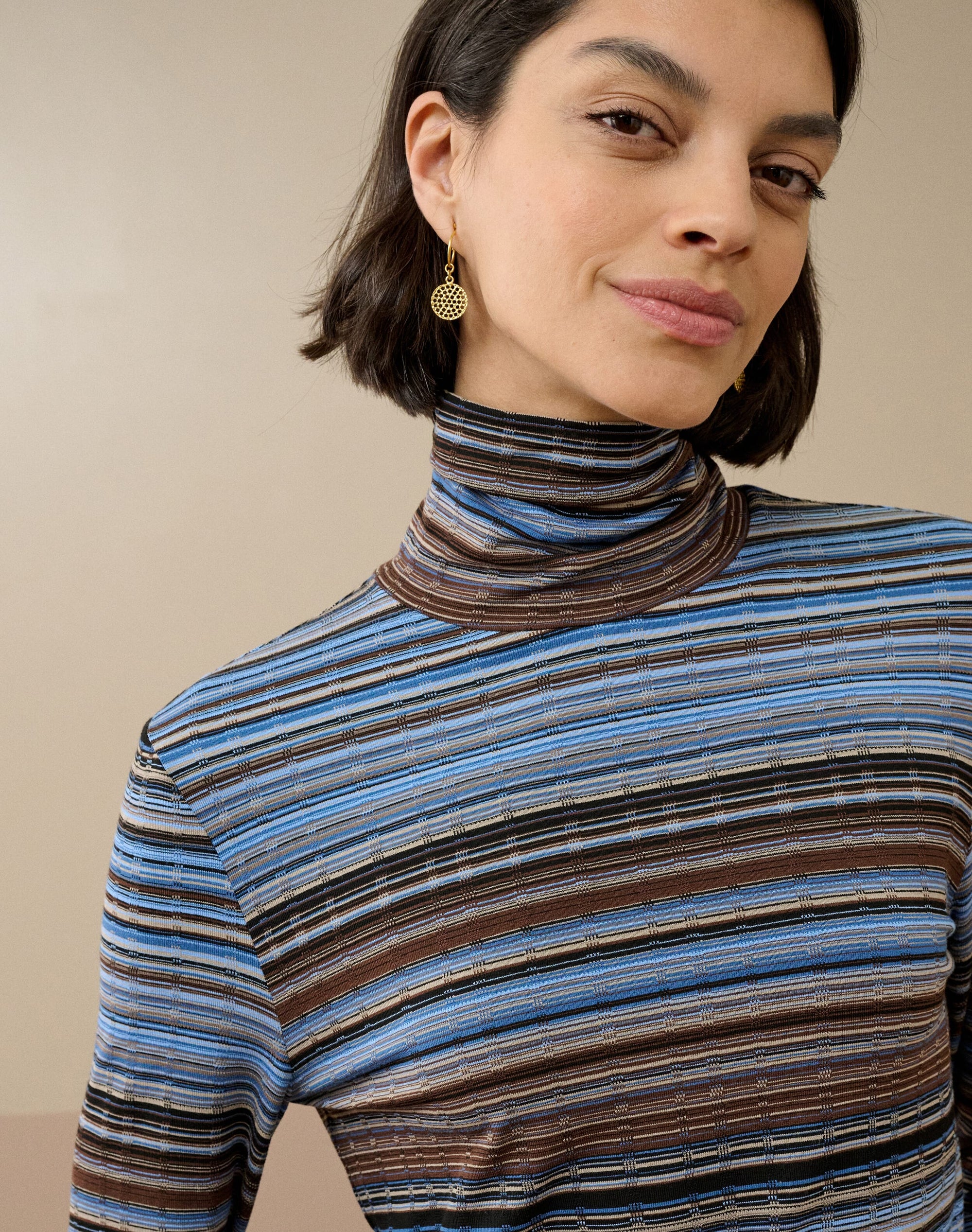 Fine Stripe Jersey Polo Neck