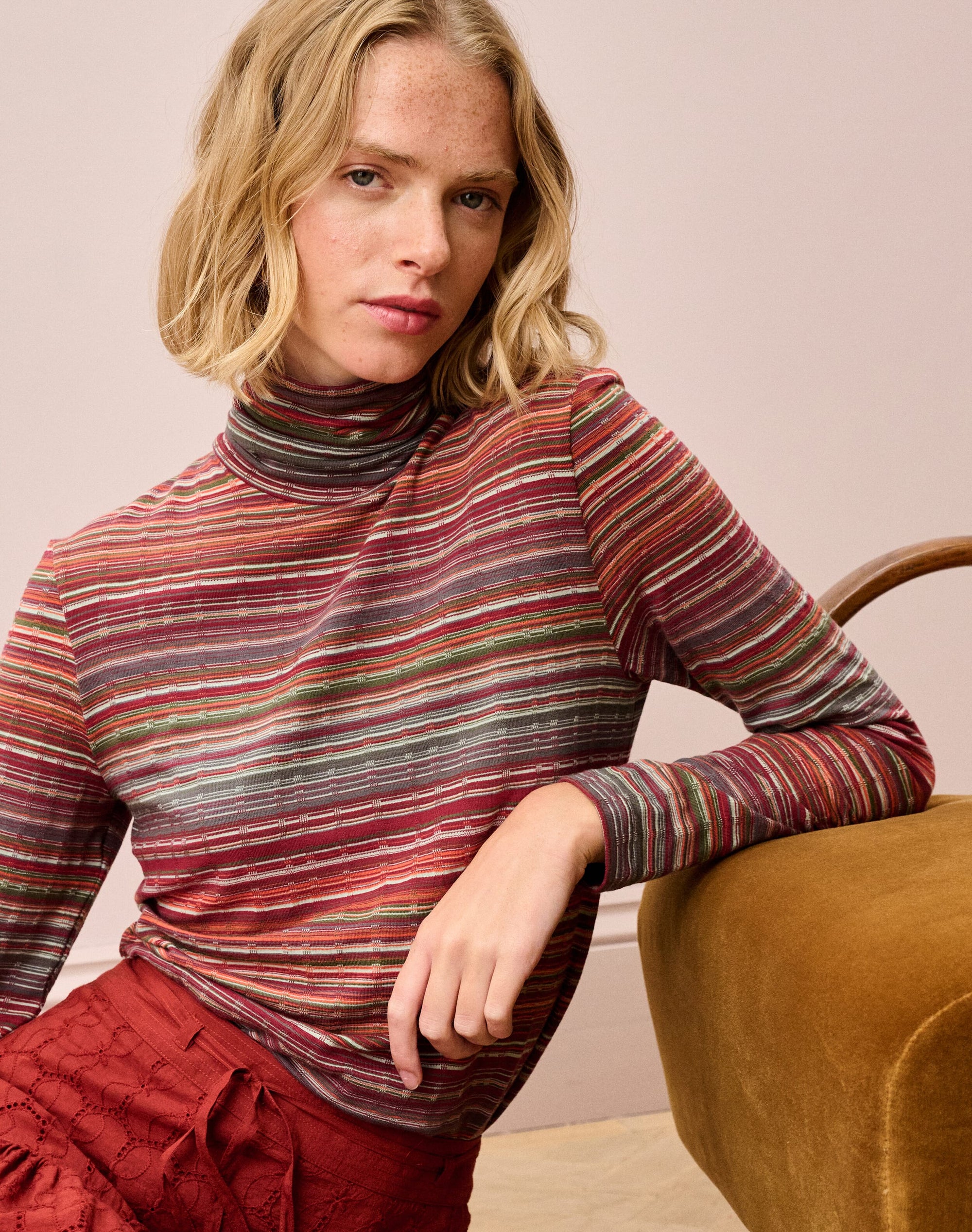 Fine Stripe Jersey Polo Neck