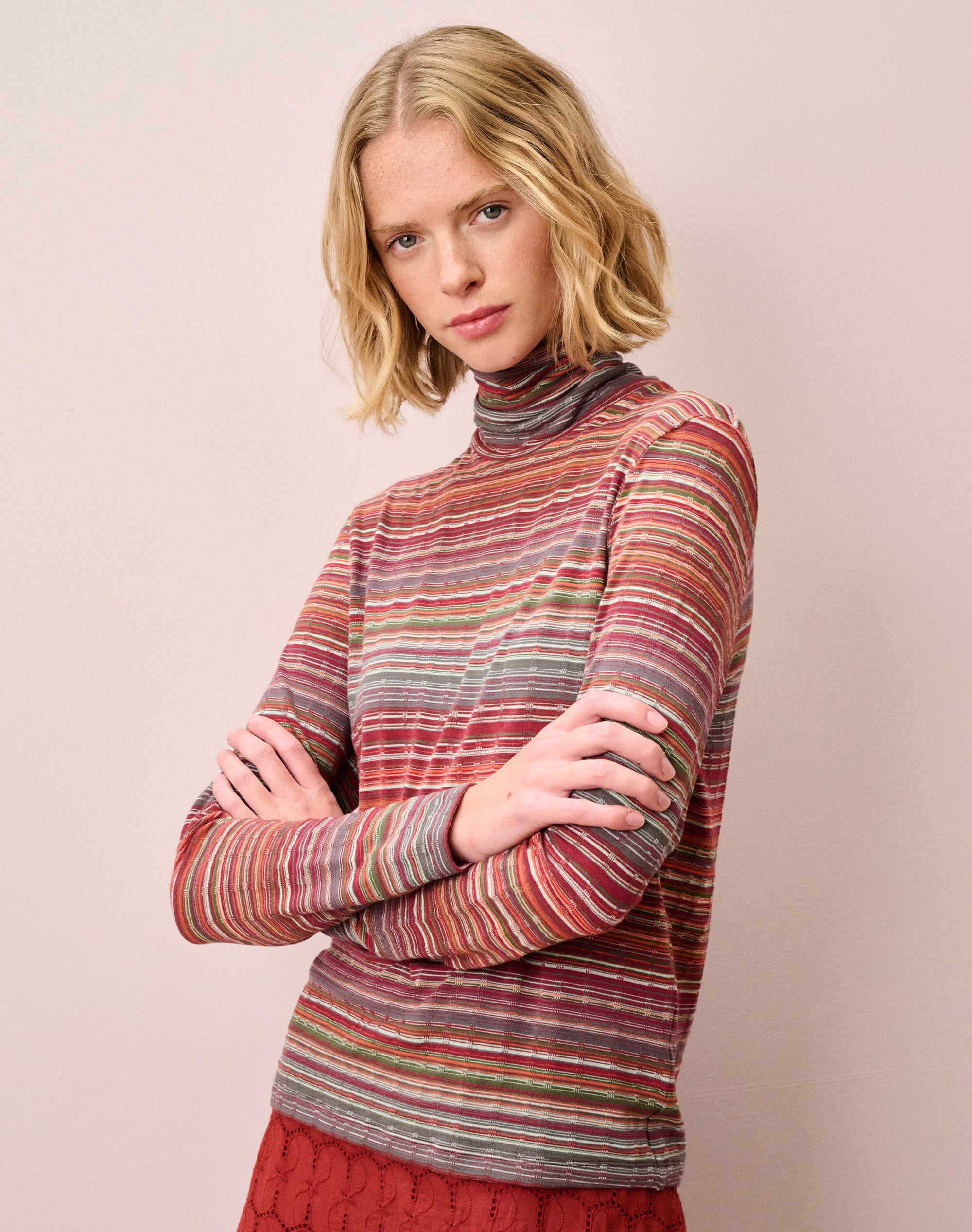 Fine Stripe Jersey Polo Neck