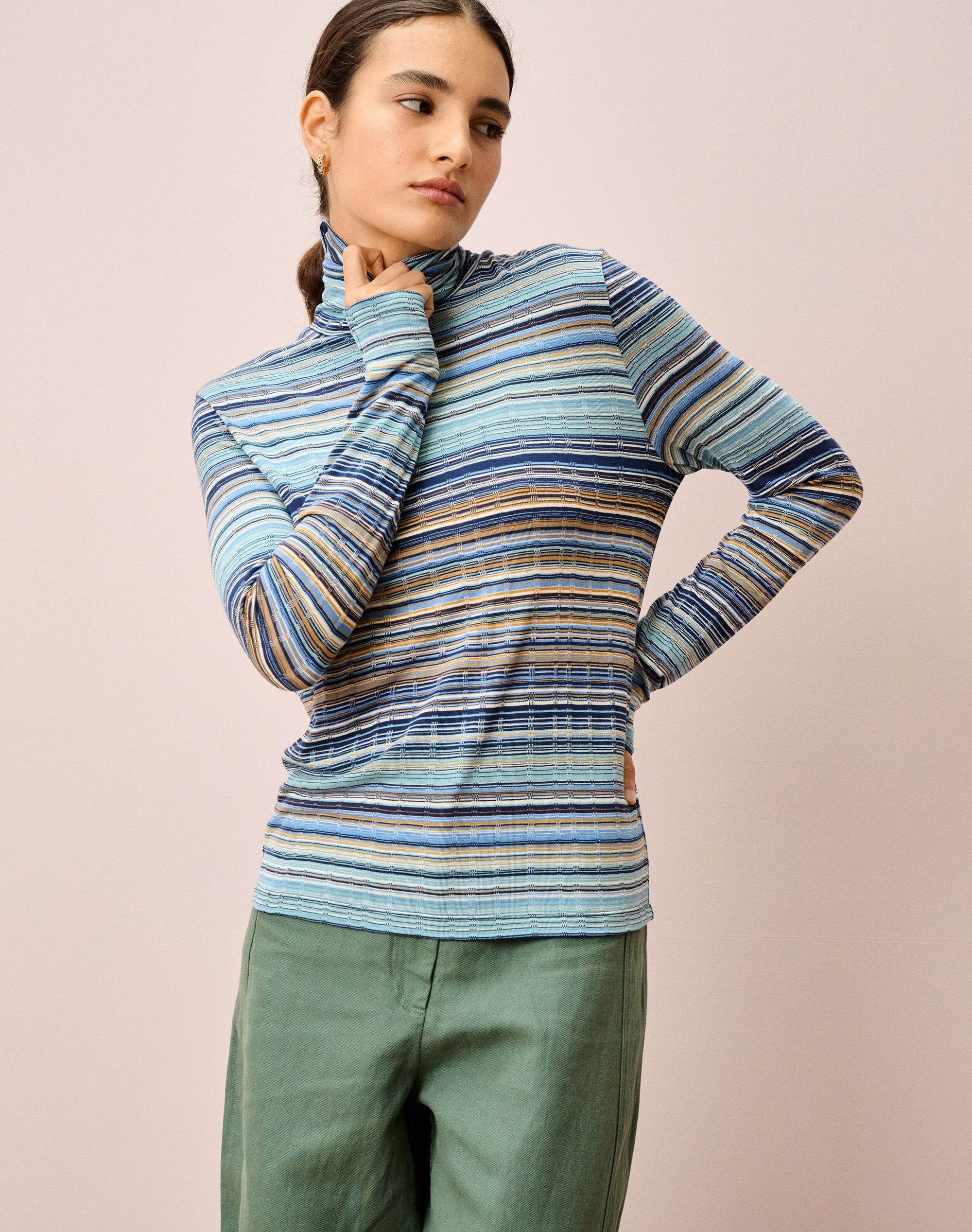 Fine Stripe Jersey Polo Neck
