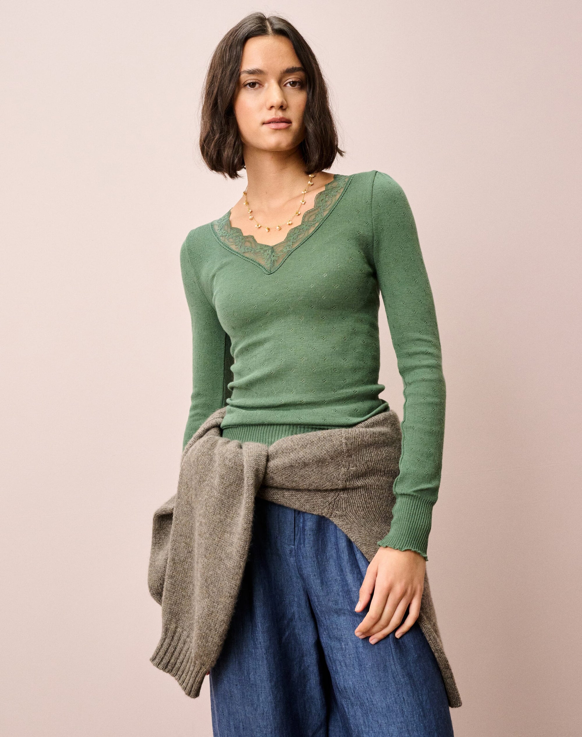 Lace Trim V Neck Top