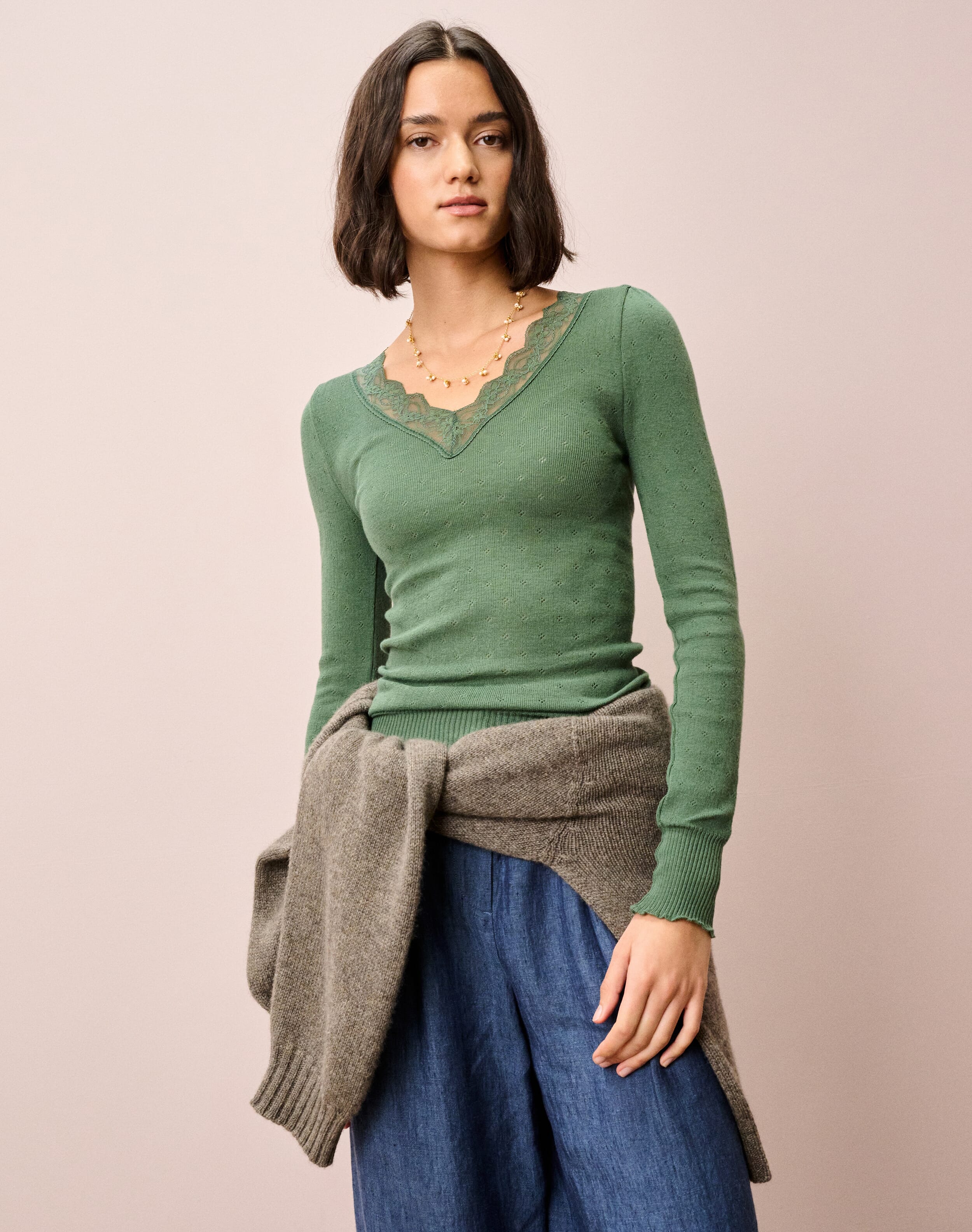 Lace Trim V Neck Top