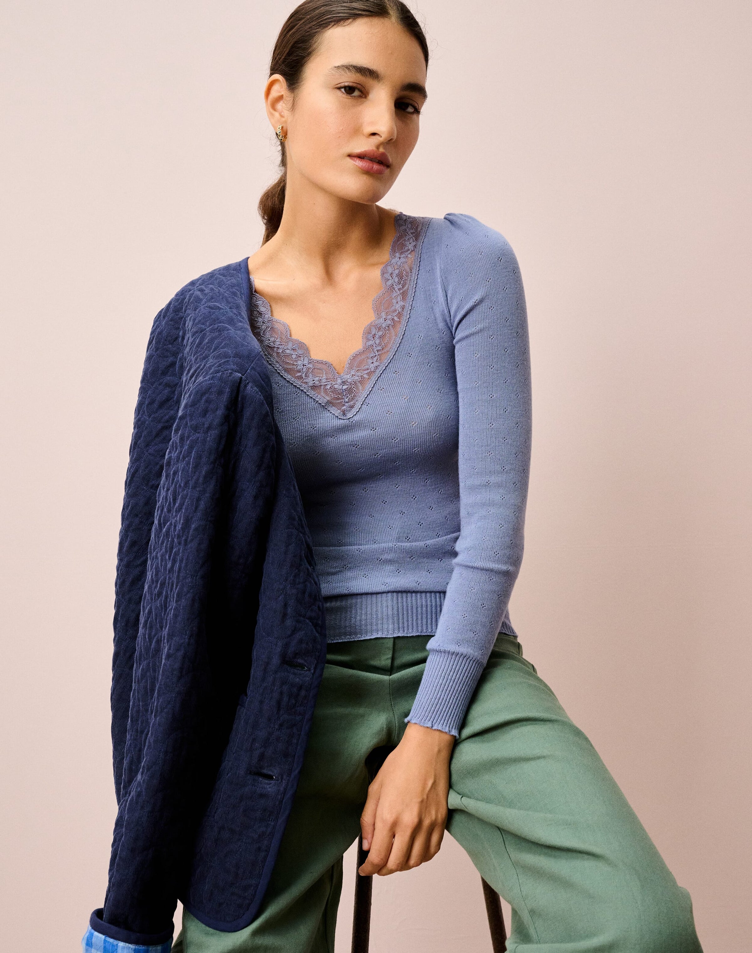 Lace Trim V Neck Top