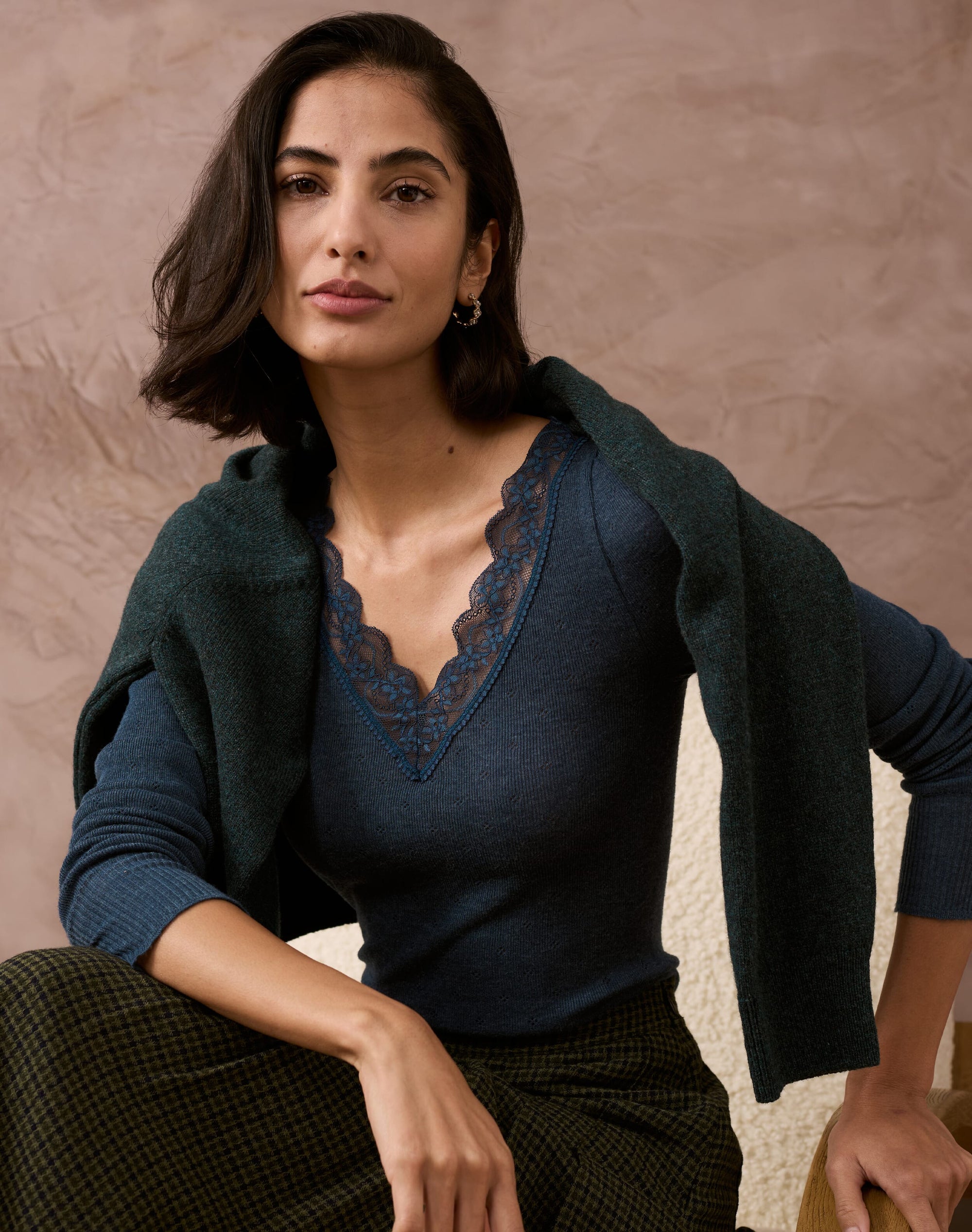 Lace Trim V Neck Top