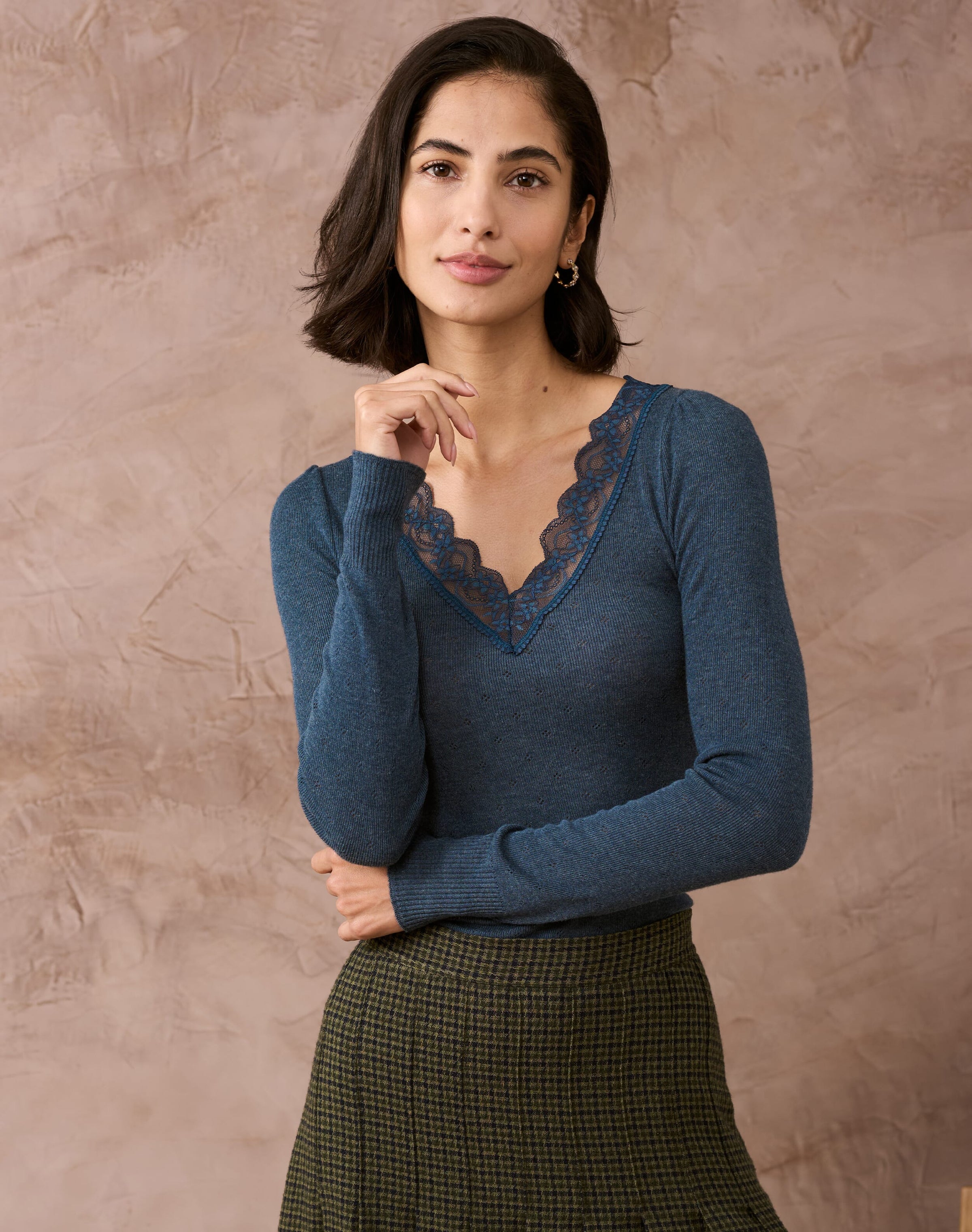 Lace Trim V Neck Top