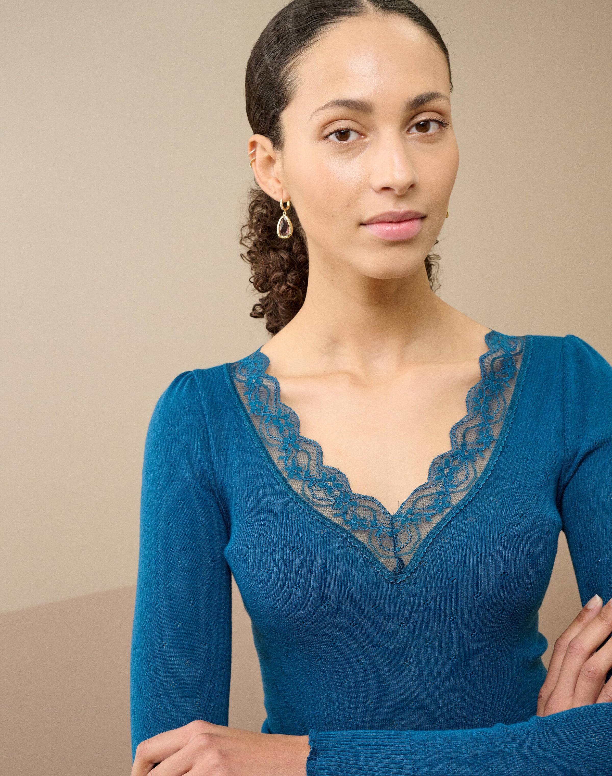Lace Trim V Neck Top