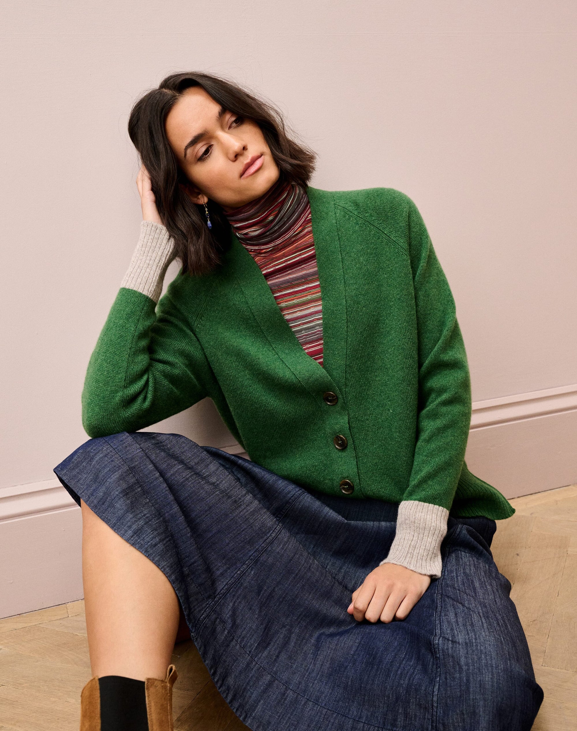 Cashmere Contrast Cuff Cardigan