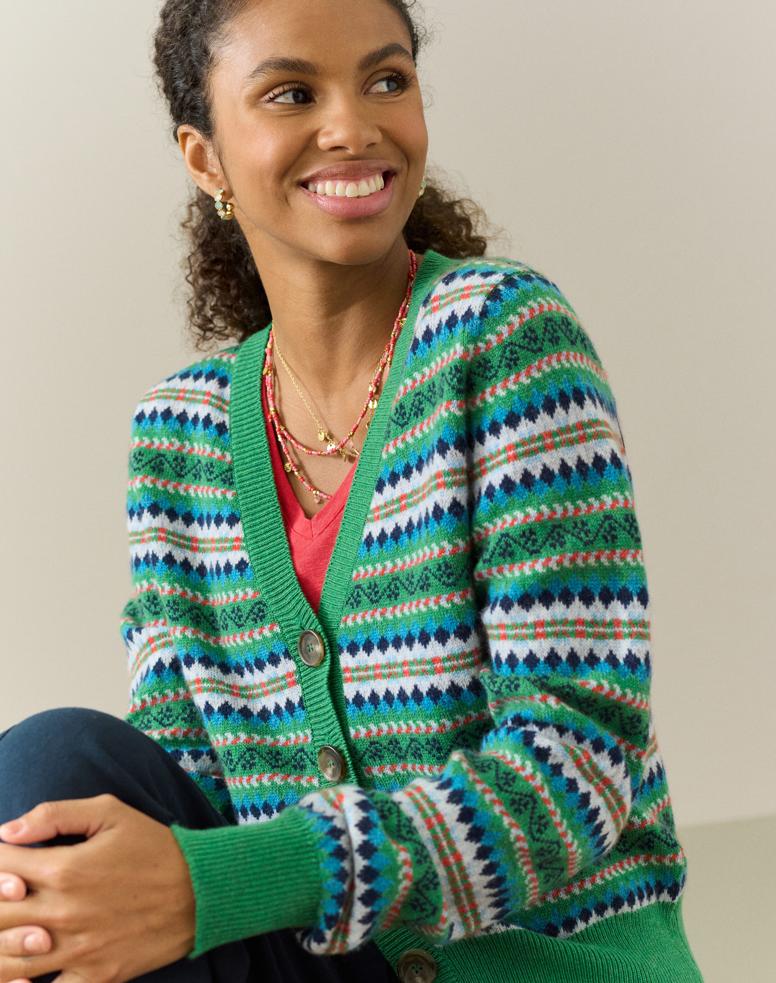 Cashmere Fair Isle V Neck Cardigan