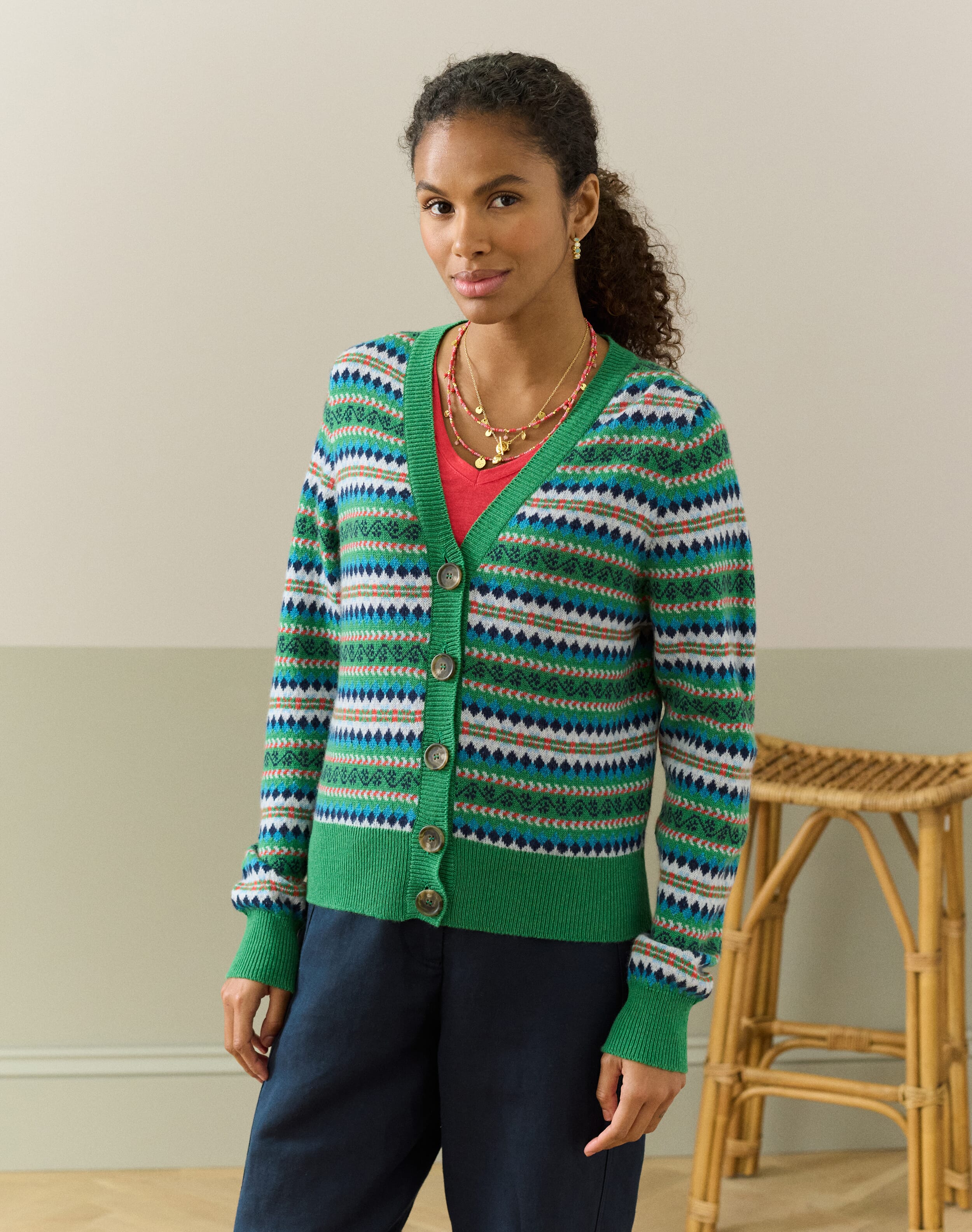 Cashmere Fair Isle V Neck Cardigan