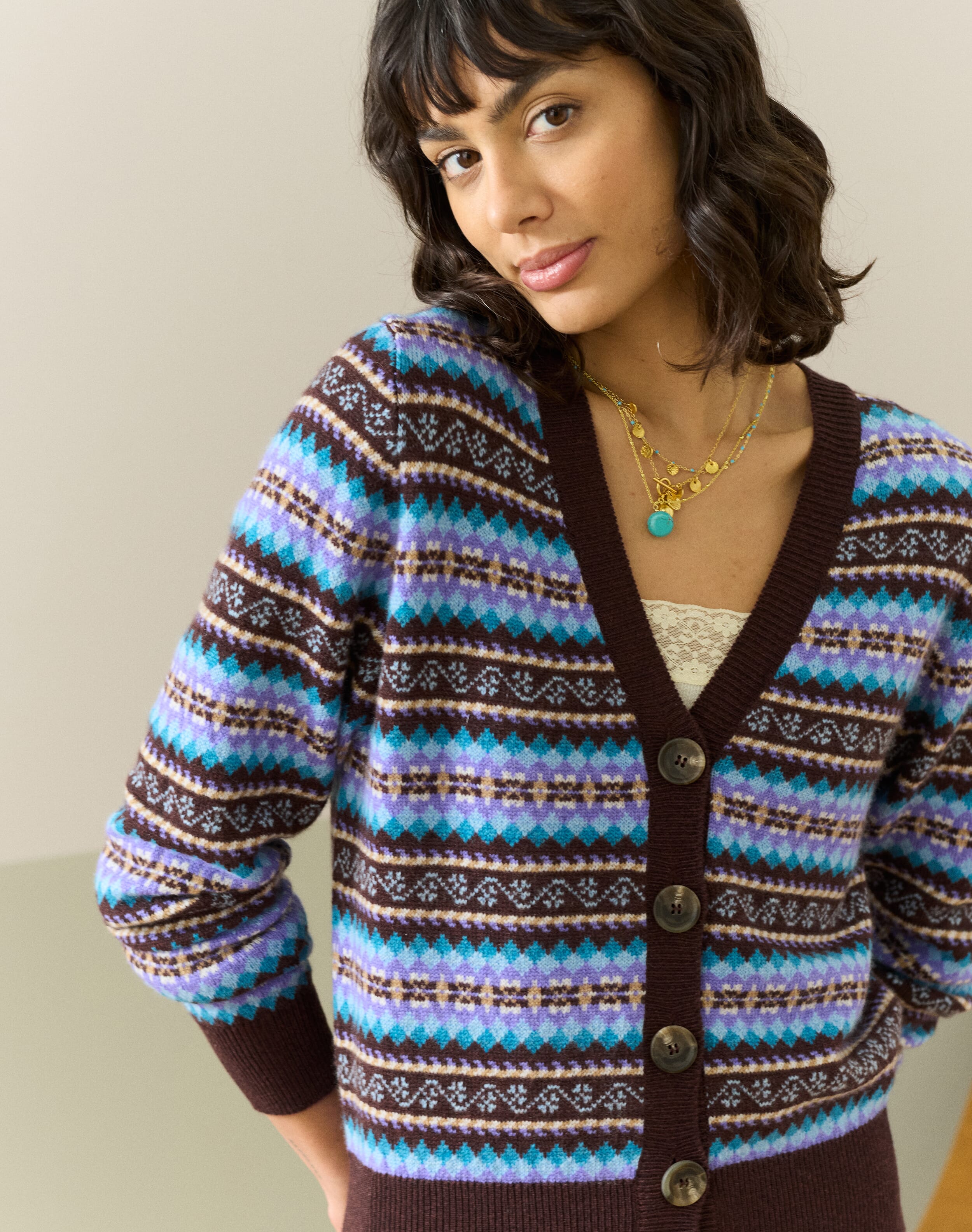 Cashmere Fair Isle V Neck Cardigan