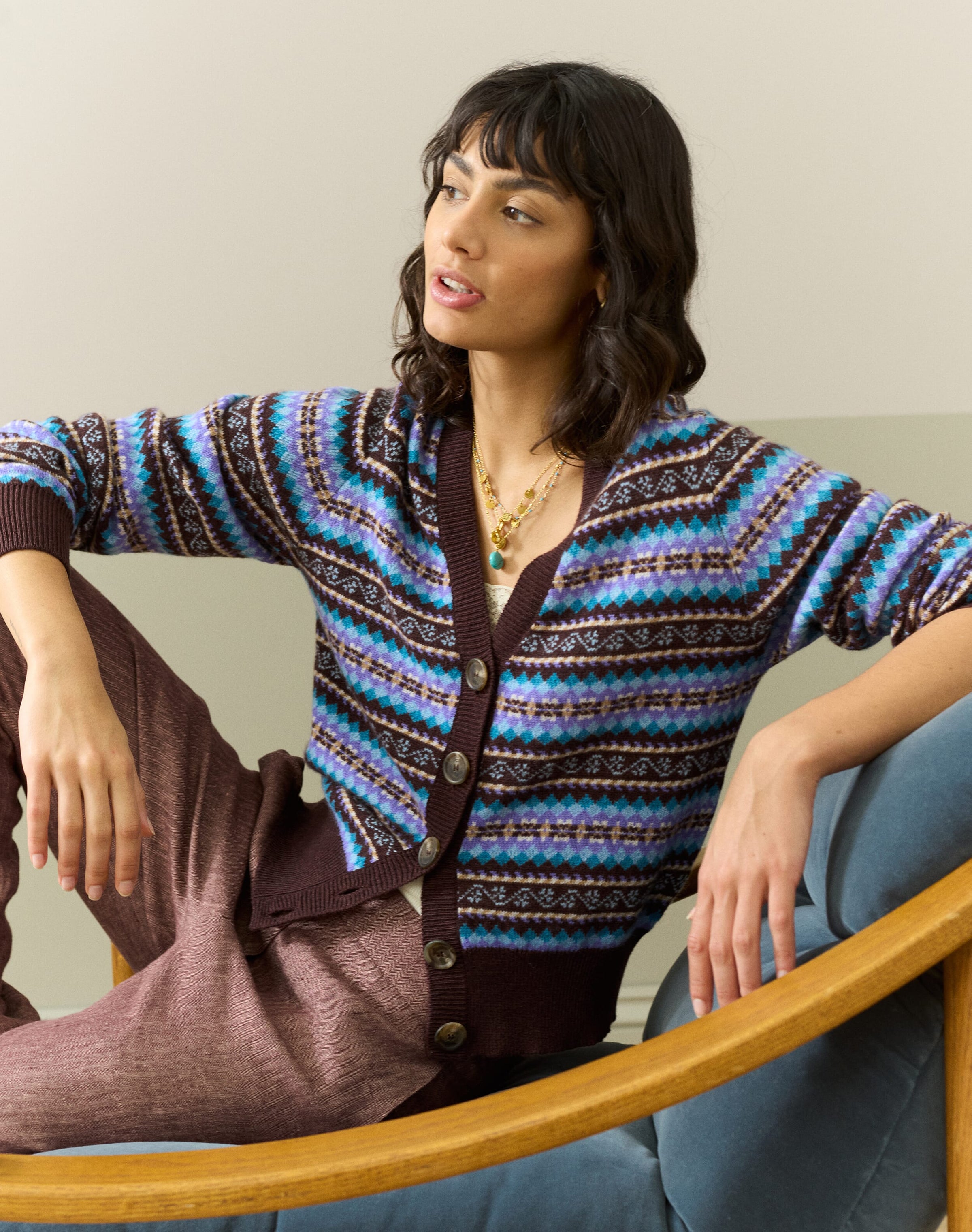 Cashmere Fair Isle V Neck Cardigan
