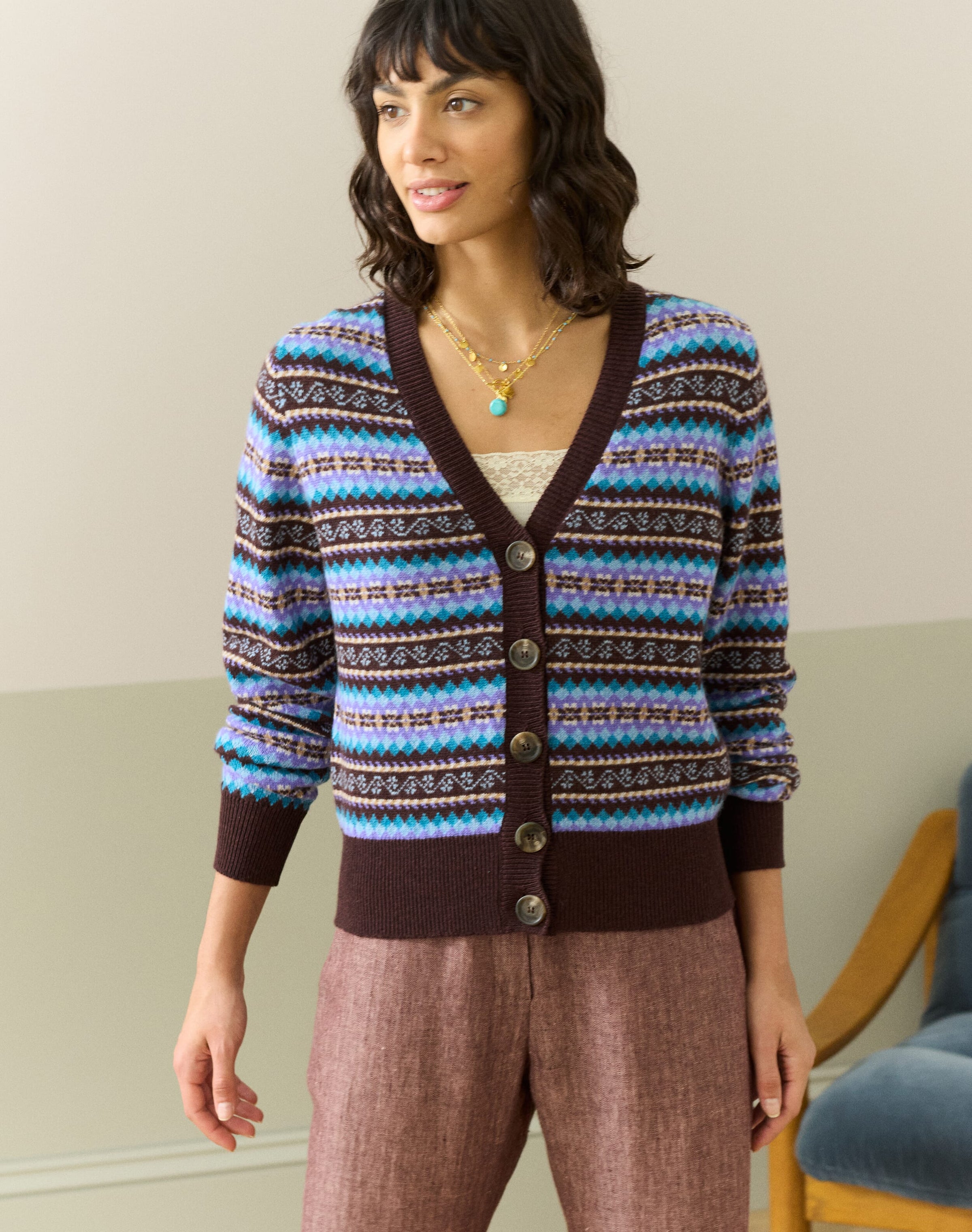 Cashmere Fair Isle V Neck Cardigan
