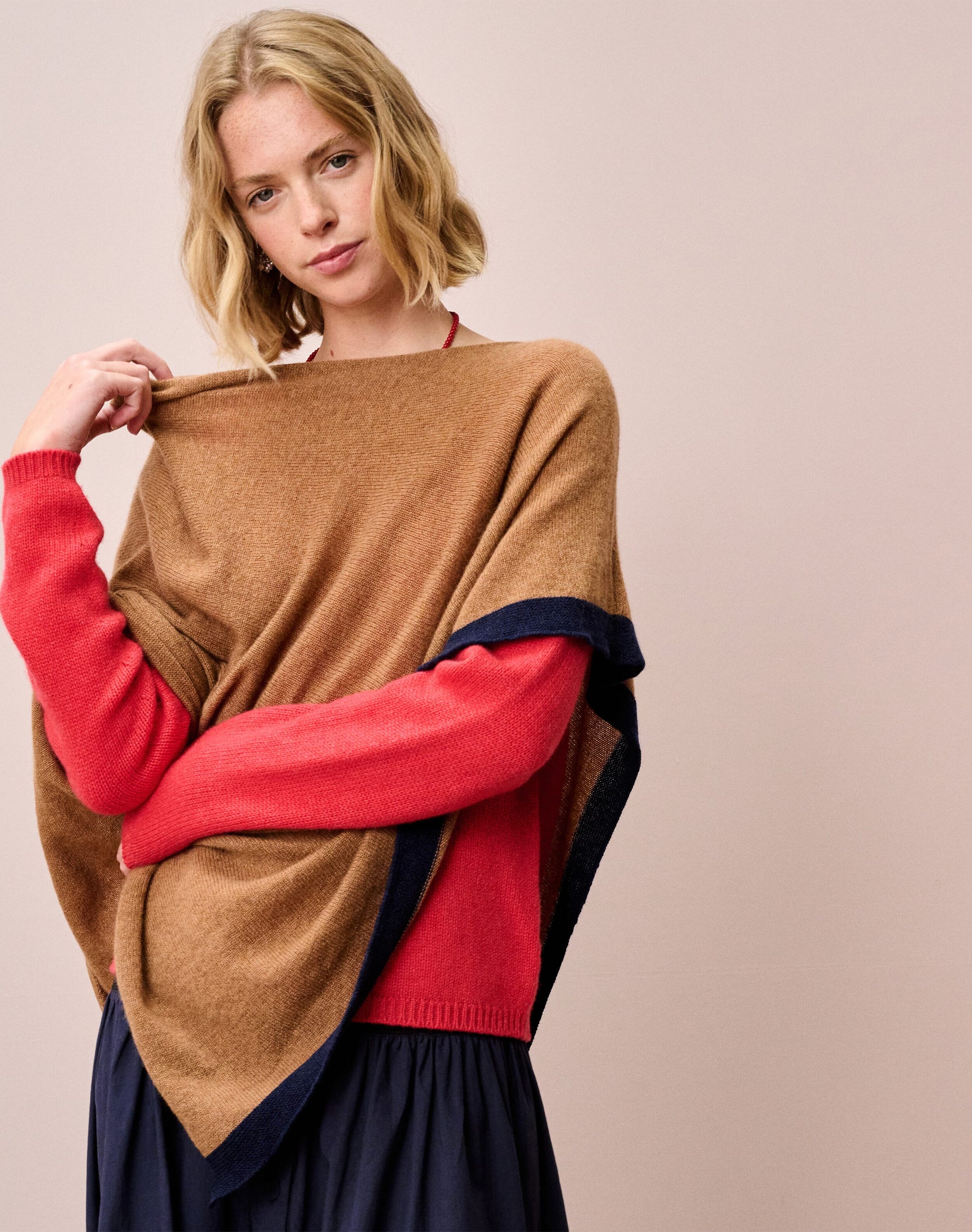 Cashmere Contrast Trim Gauzy Knit Poncho