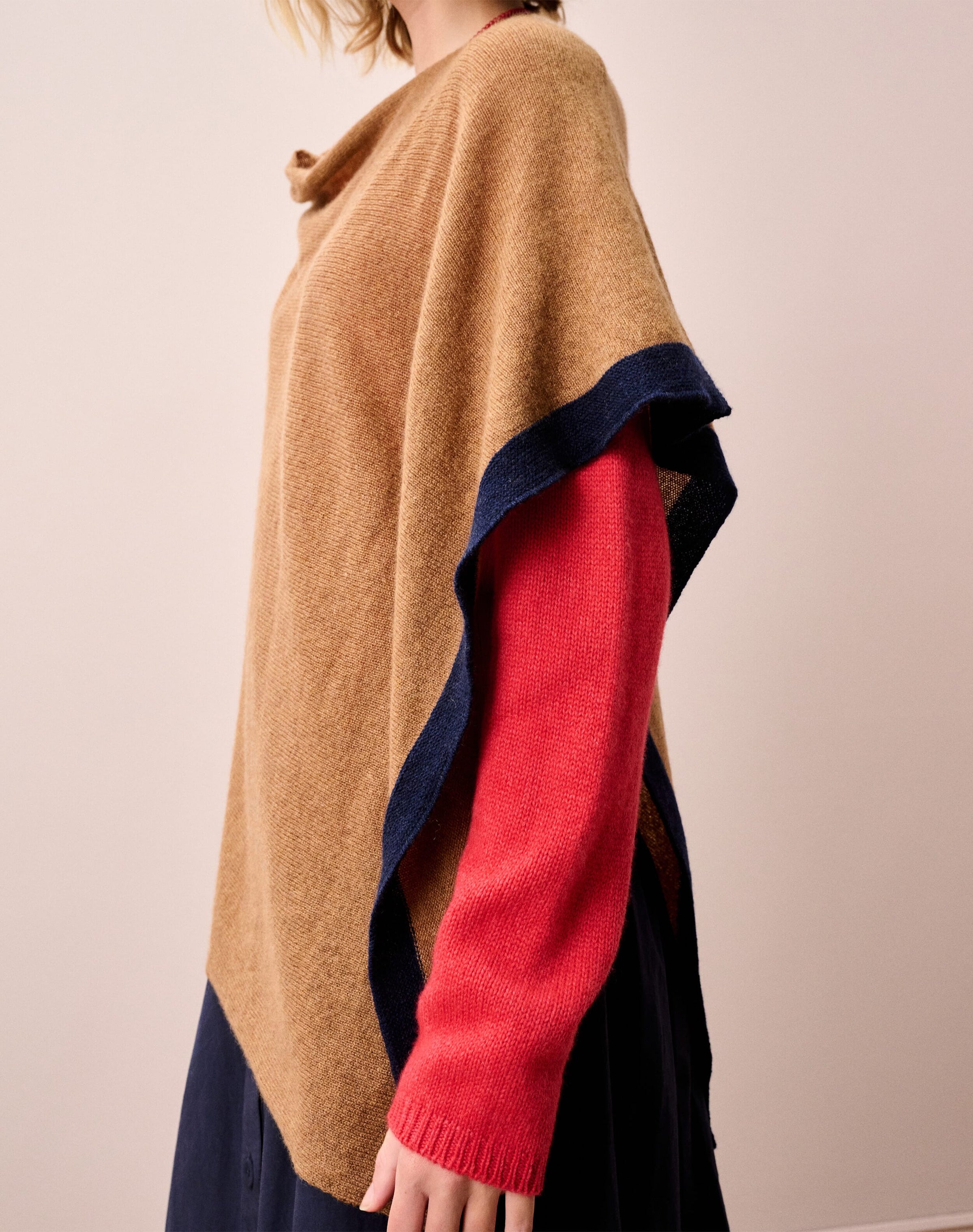Cashmere Contrast Trim Gauzy Knit Poncho