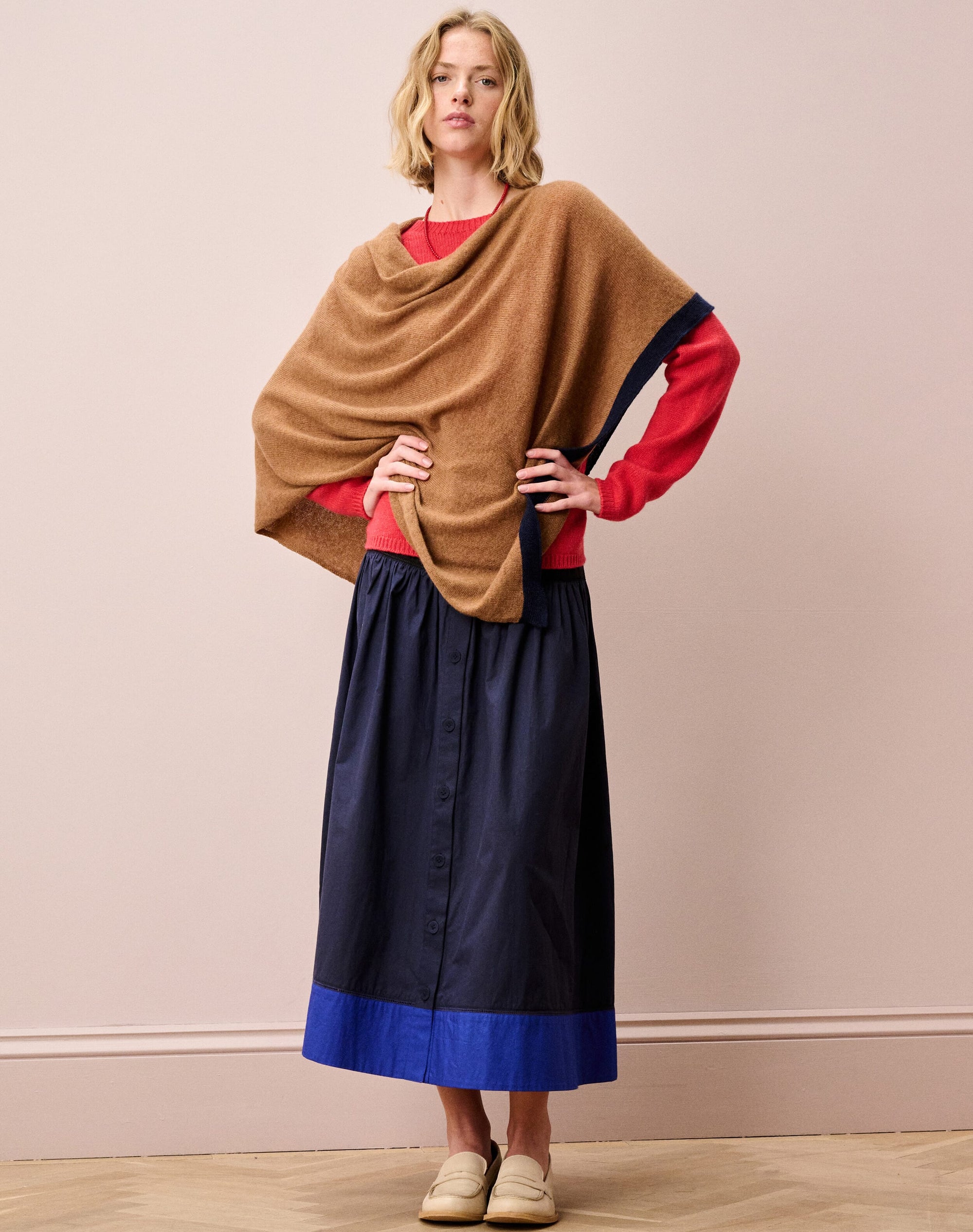 Cashmere Contrast Trim Gauzy Knit Poncho
