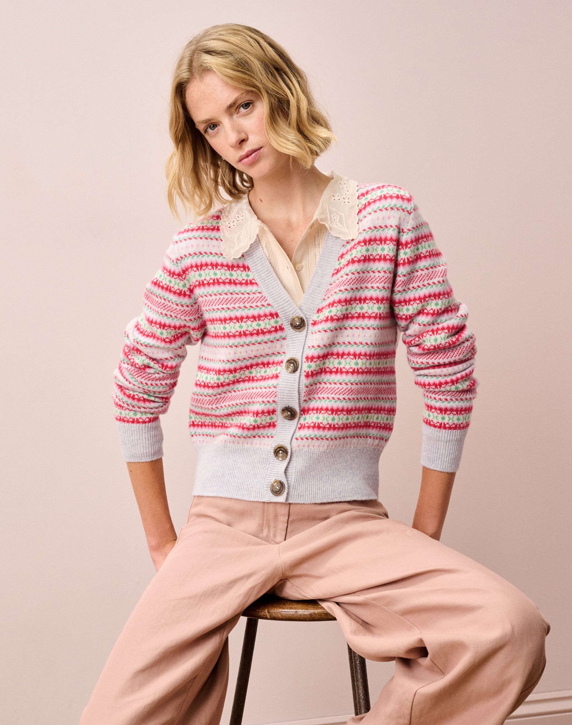 Cashmere Fair Isle V Neck Cardigan