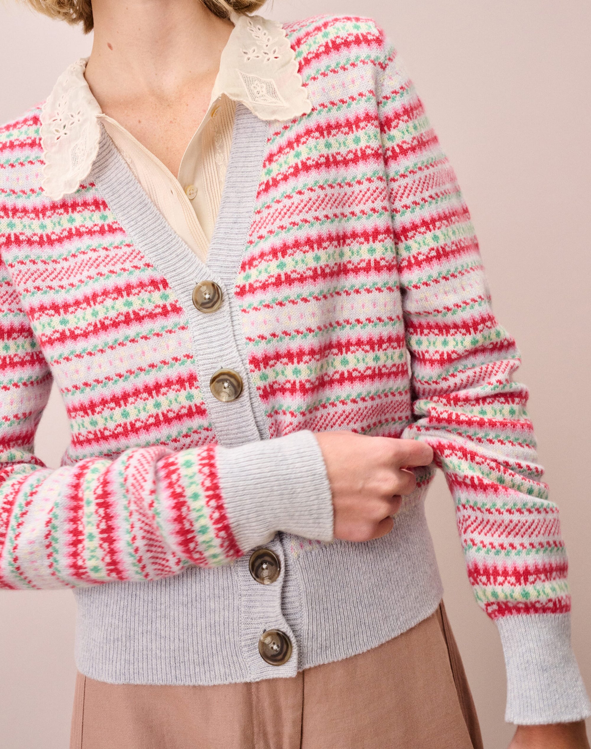 Cashmere Fair Isle V Neck Cardigan