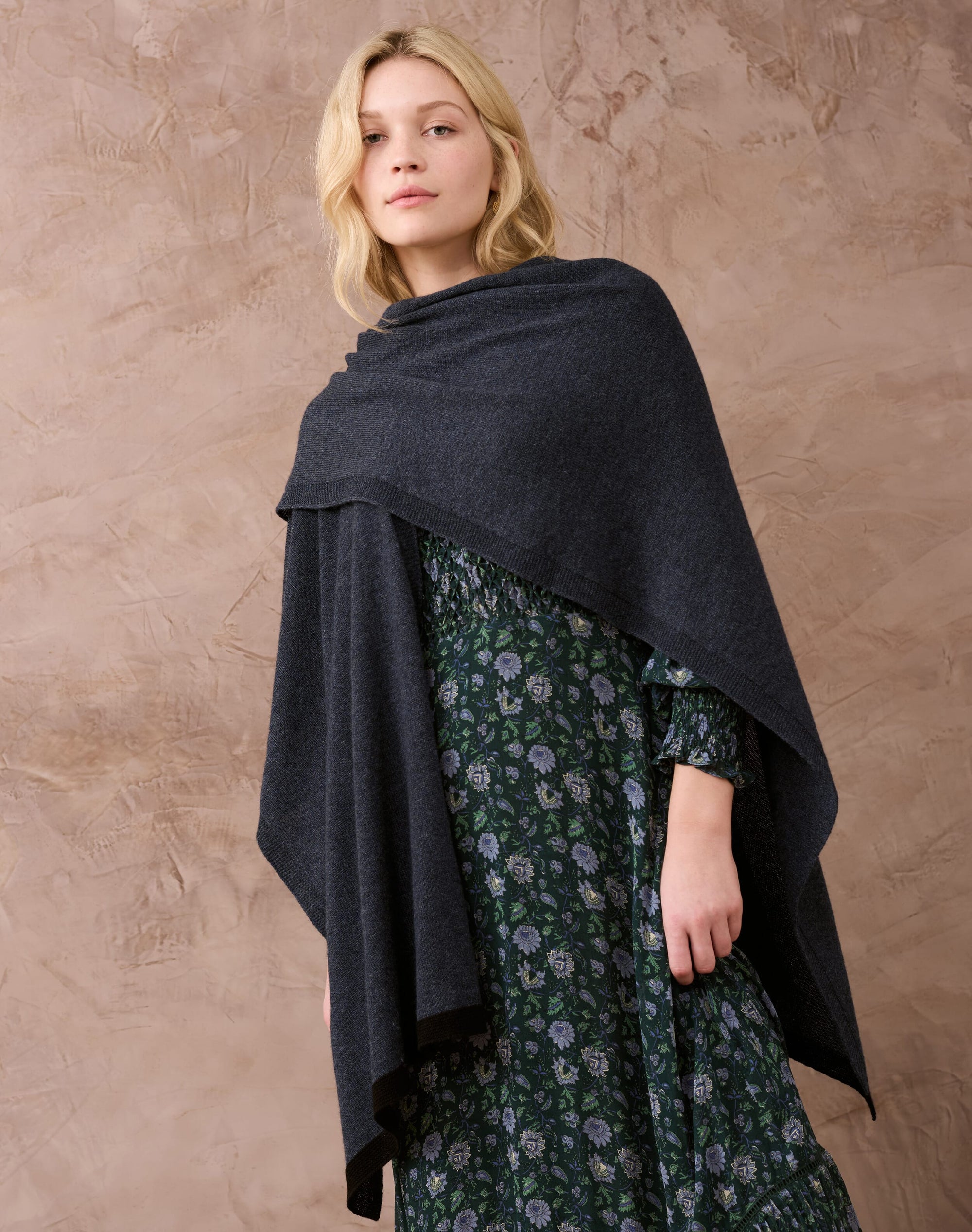 Cashmere Contrast Trim Cape
