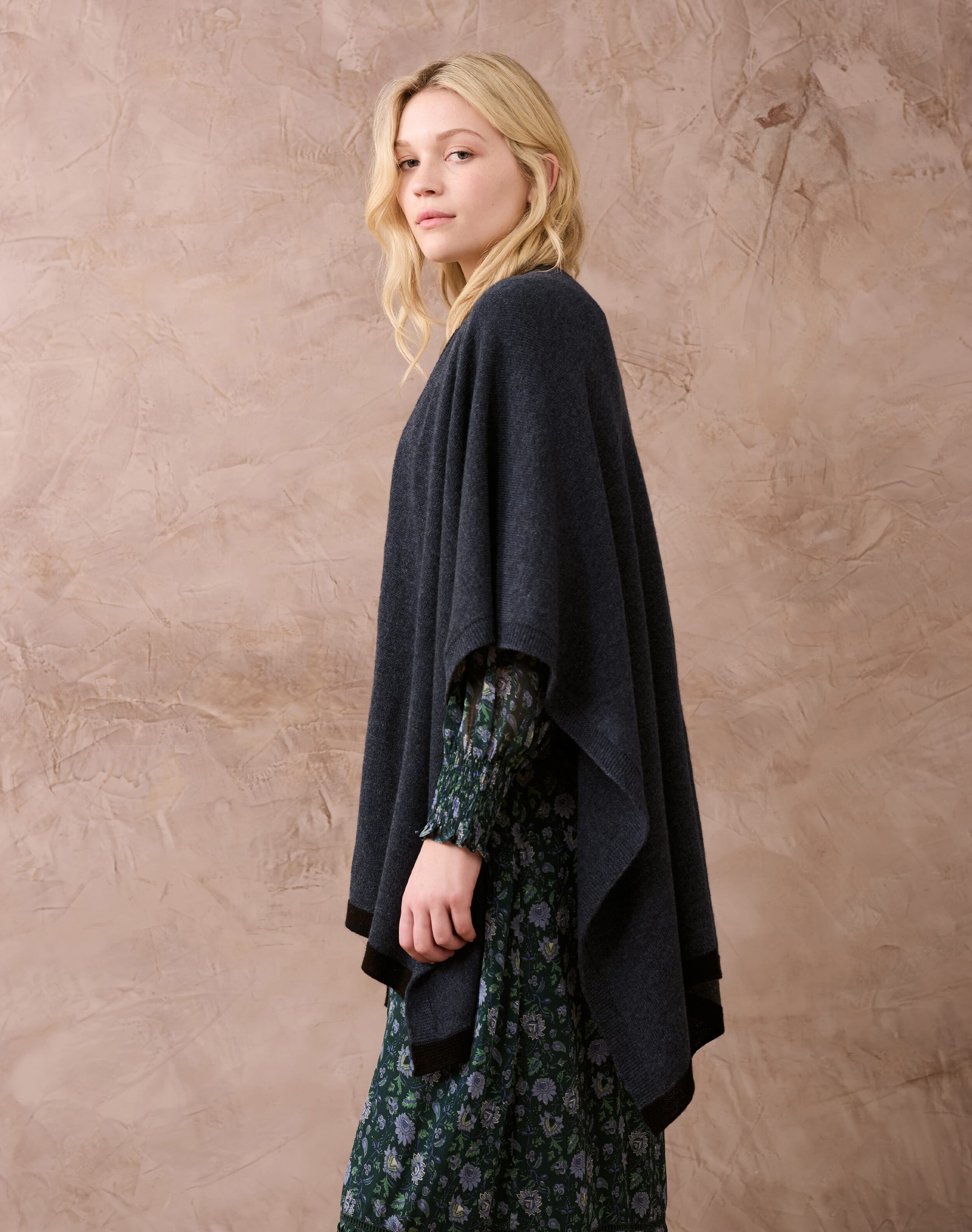 Cashmere Contrast Trim Cape