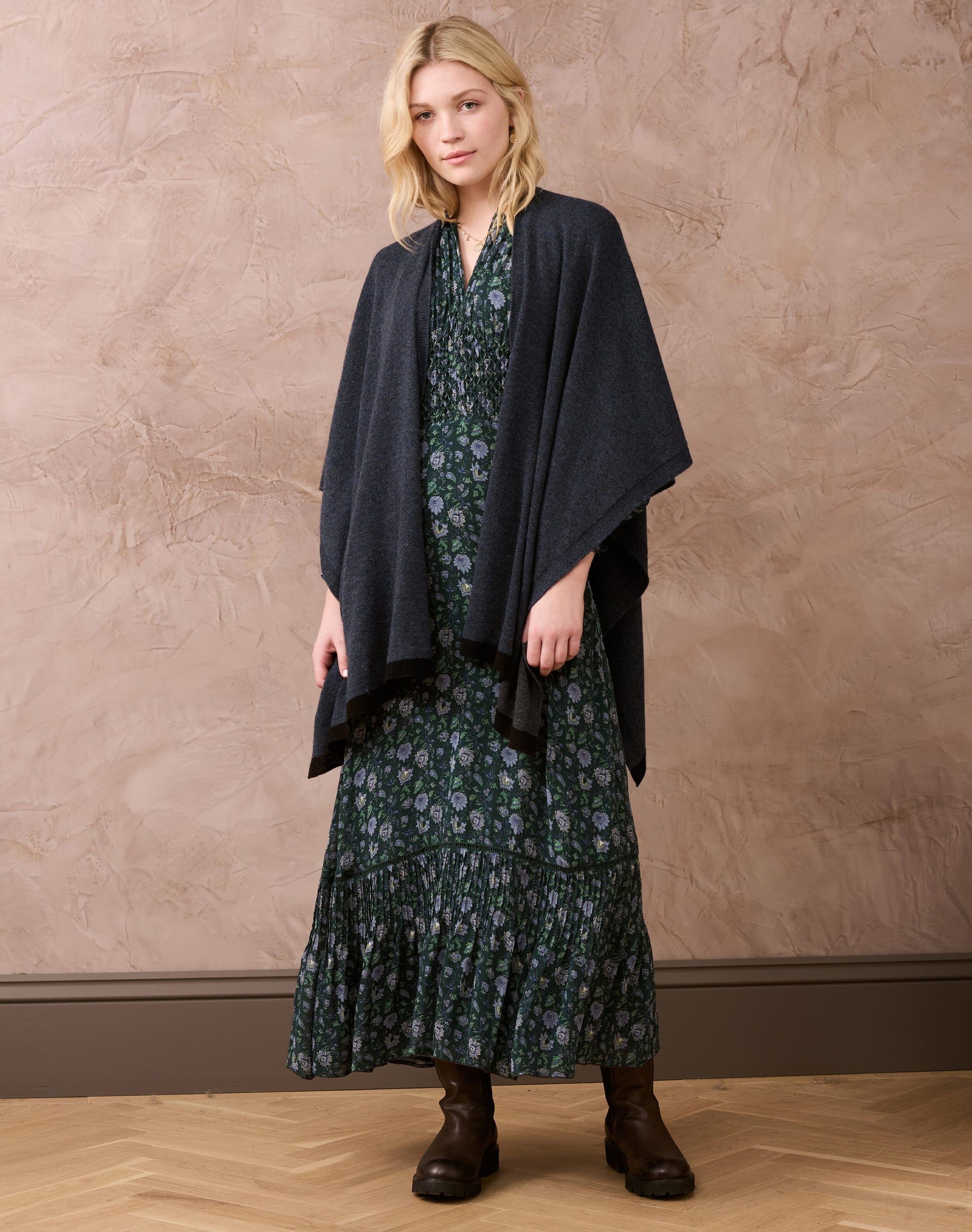 Cashmere Contrast Trim Cape