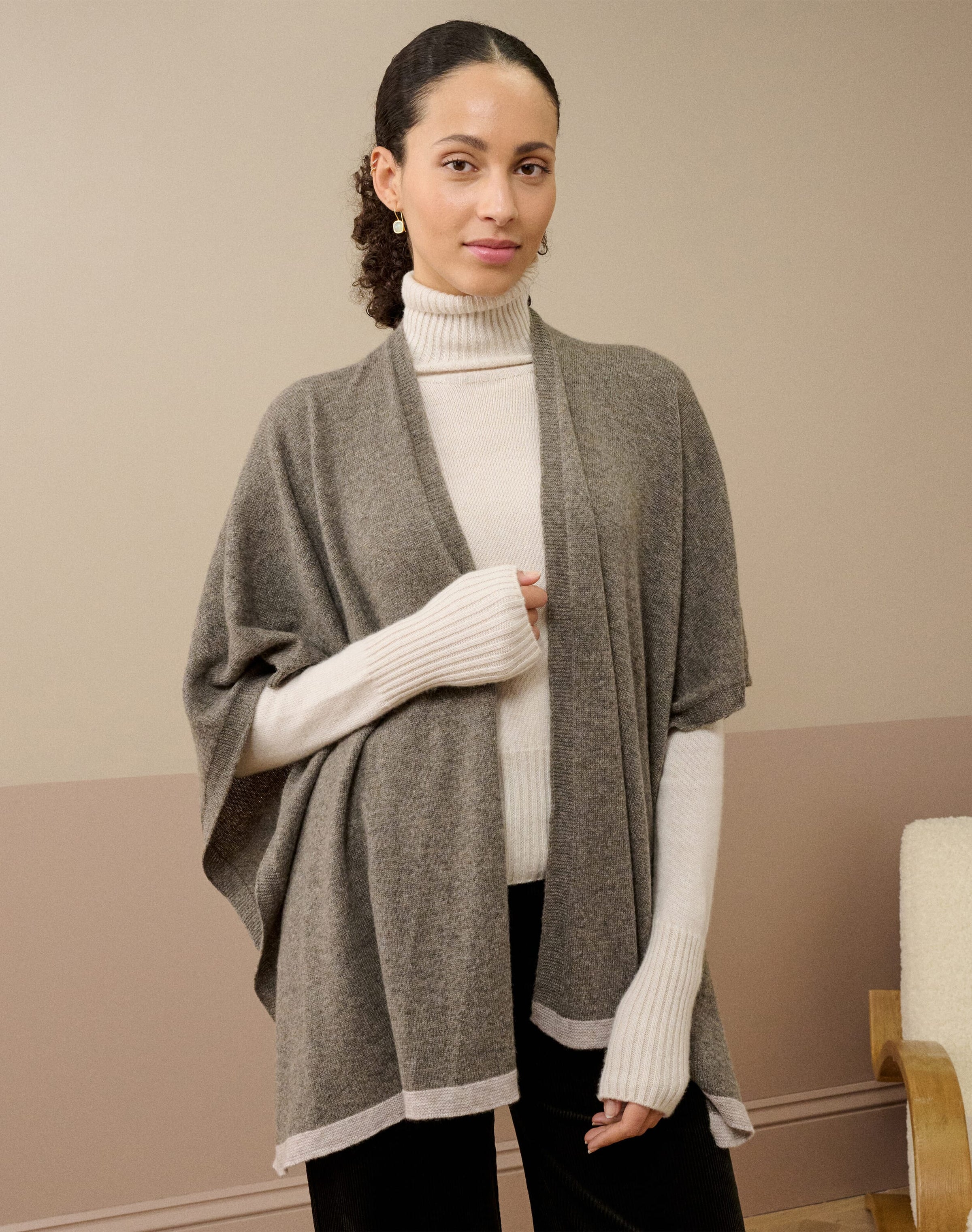 Cashmere Contrast Trim Cape