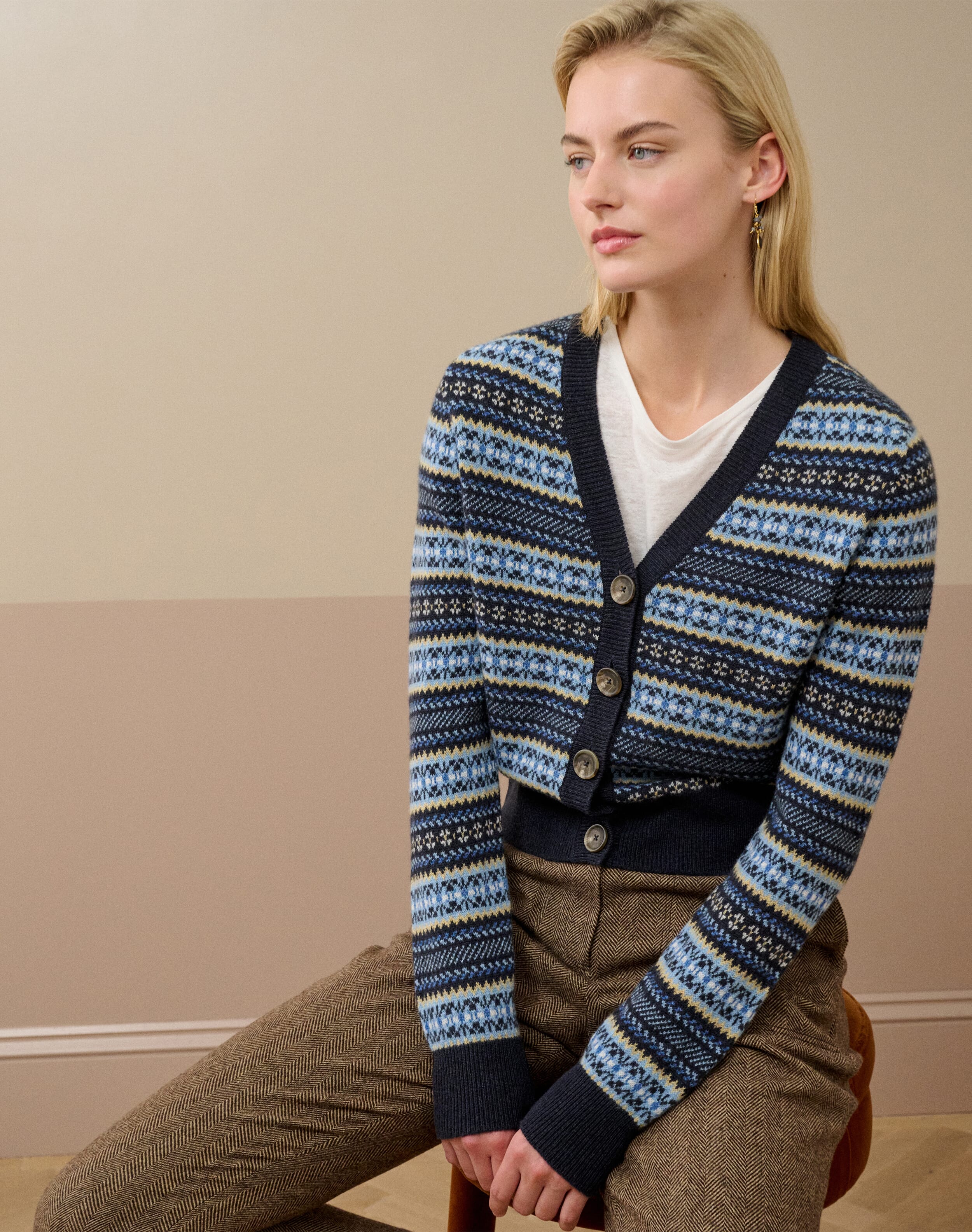 Cashmere V Neck Fair Isle Cardigan