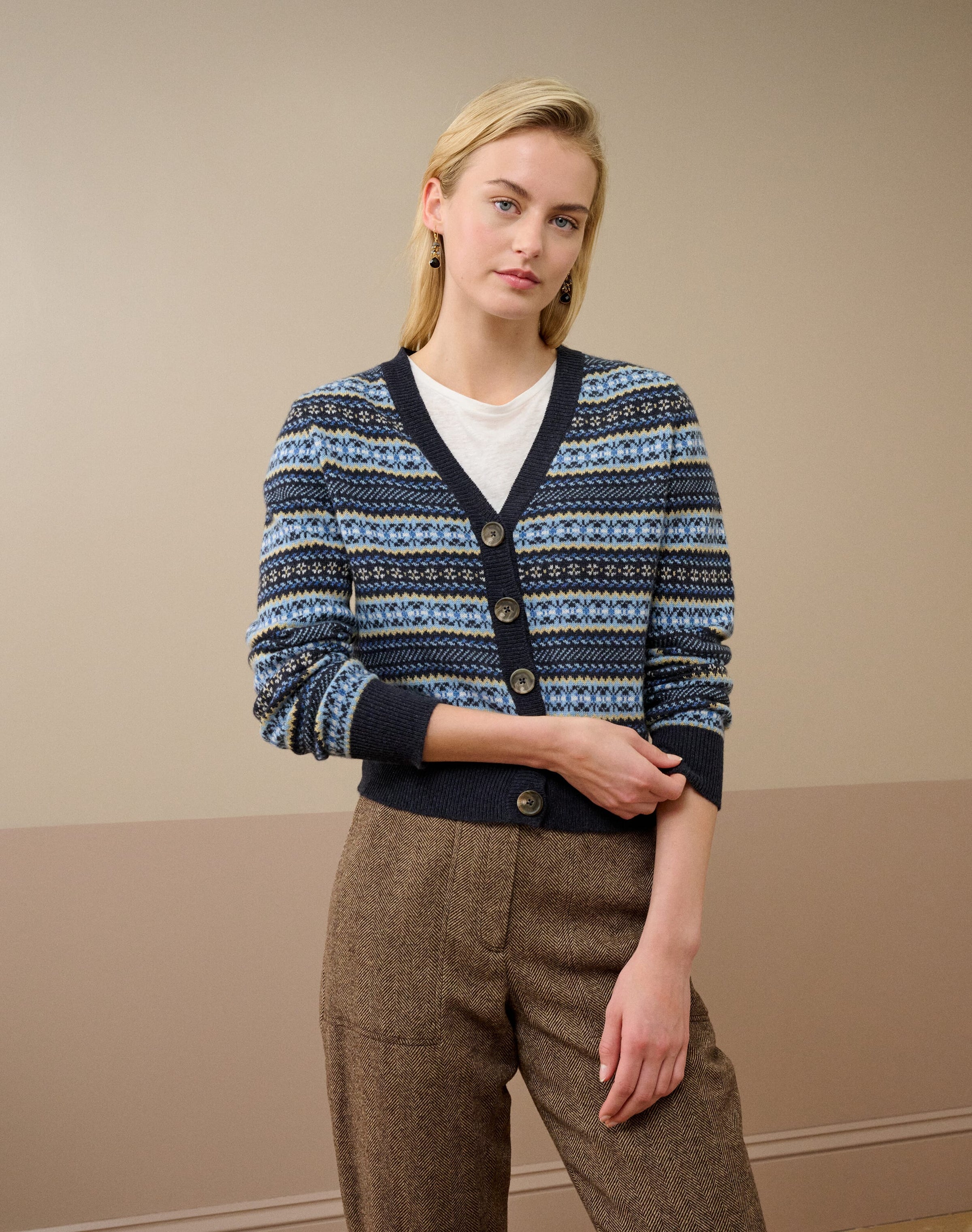 Cashmere V Neck Fair Isle Cardigan