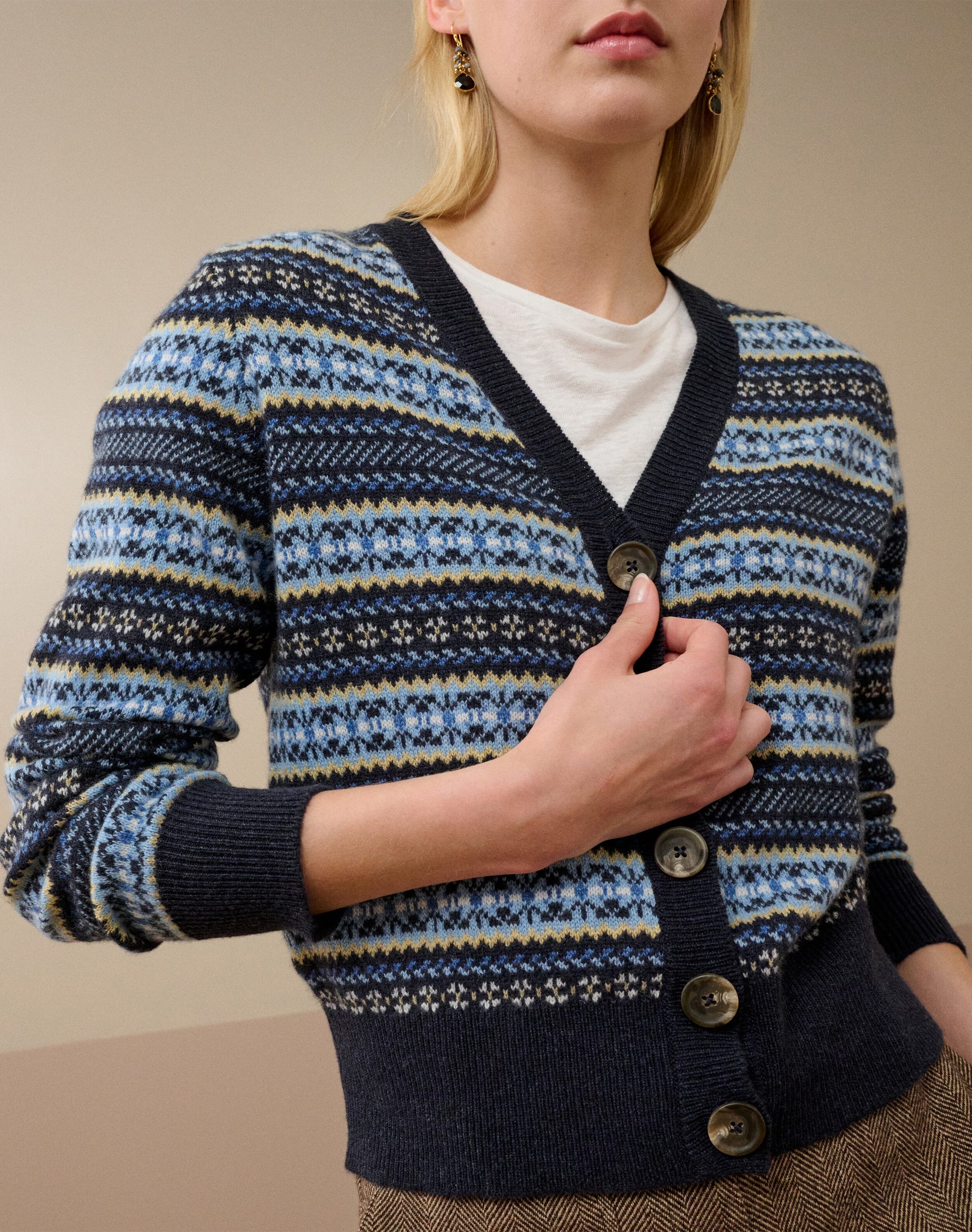 Cashmere V Neck Fair Isle Cardigan