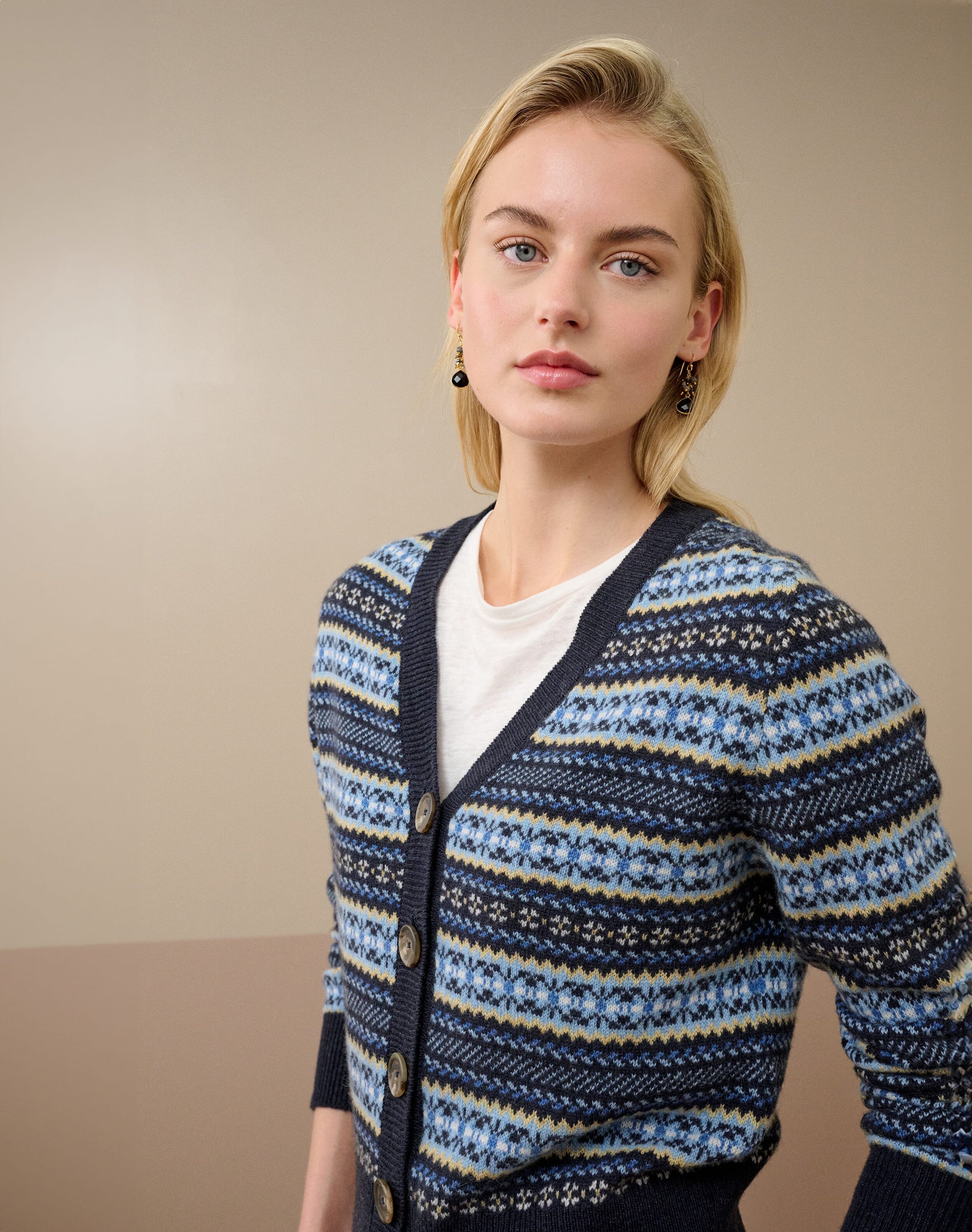 Cashmere V Neck Fair Isle Cardigan
