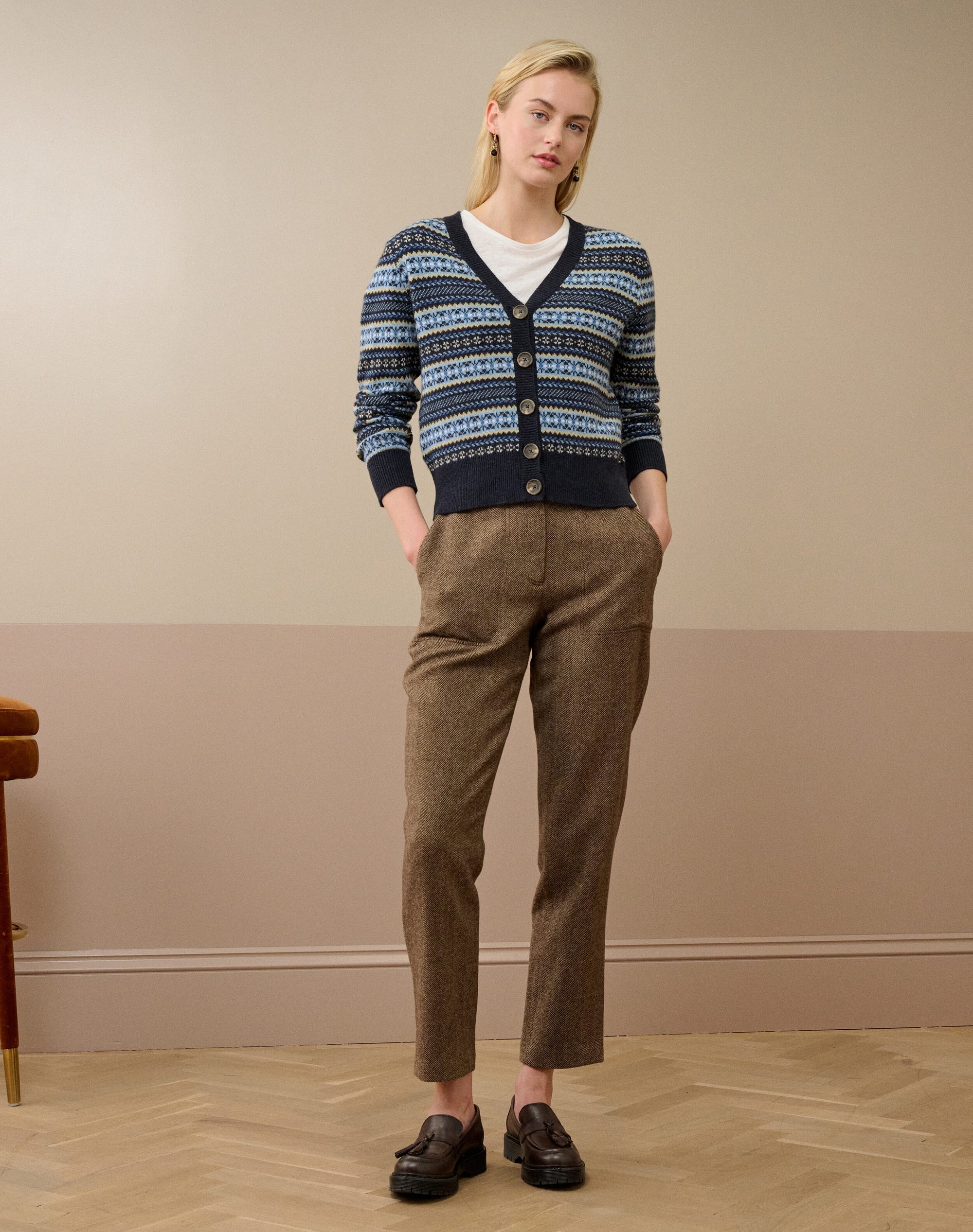 Cashmere V Neck Fair Isle Cardigan
