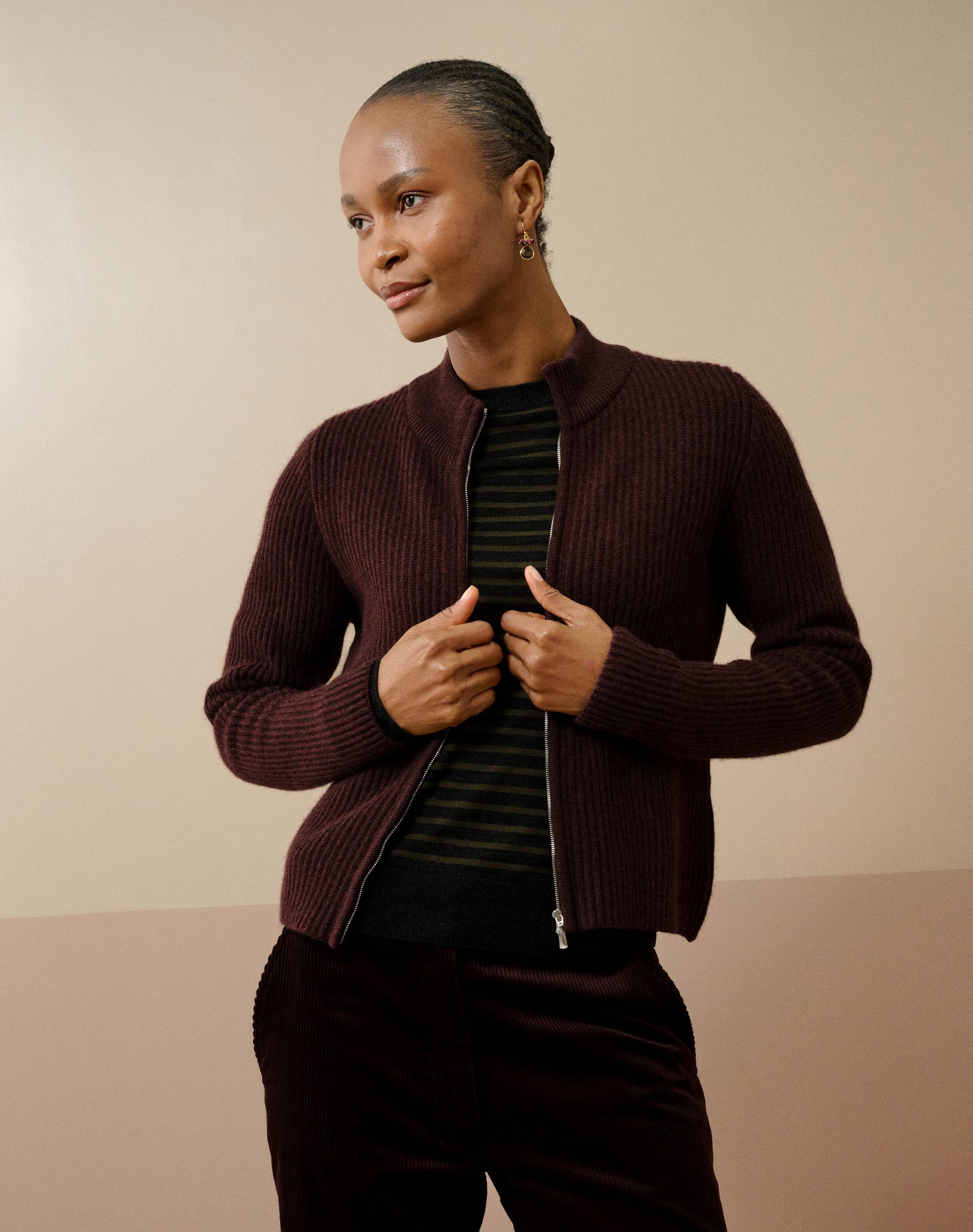 Cashmere Ribbed Zip Cardigan